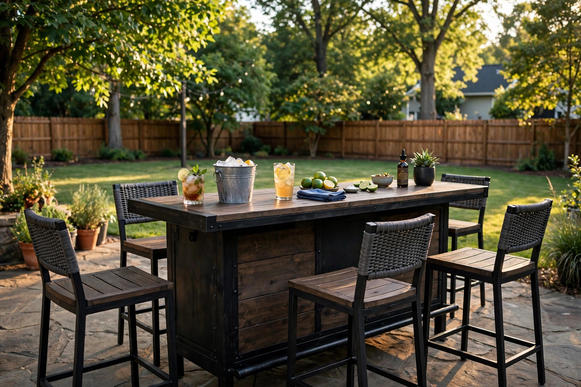 outdoor bar for backyard entertaining reviews: Outdoor bar set with stools on a patio for backyard entertaining
