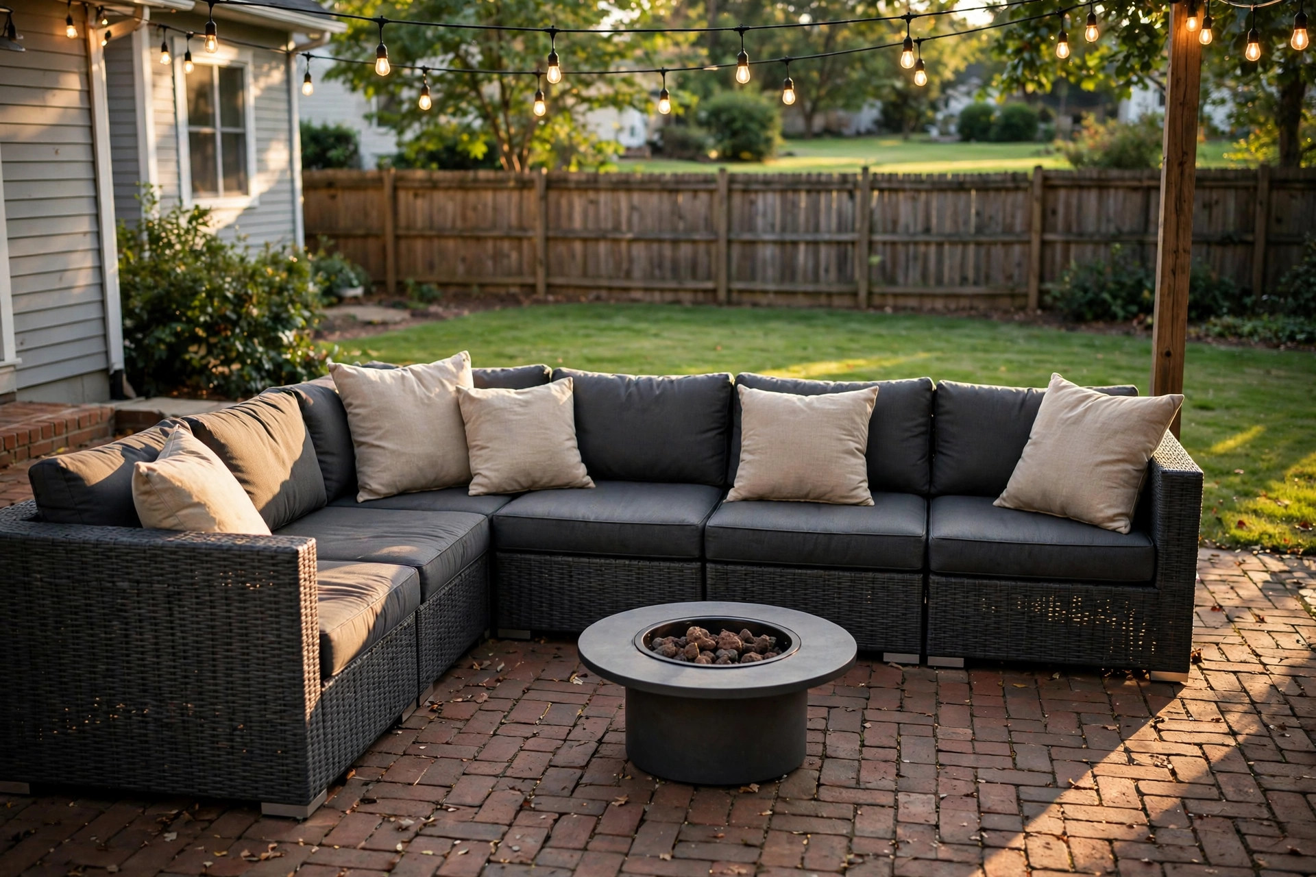 A dark gray outdoor sectional sofa with beige cushions on a brick patio, part of the best outdoor sectional under 800 dollars guide