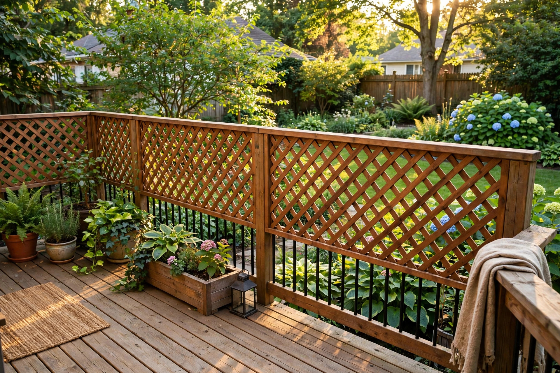 how to install deck privacy screen: Wooden lattice deck privacy screen installed on a suburban back deck