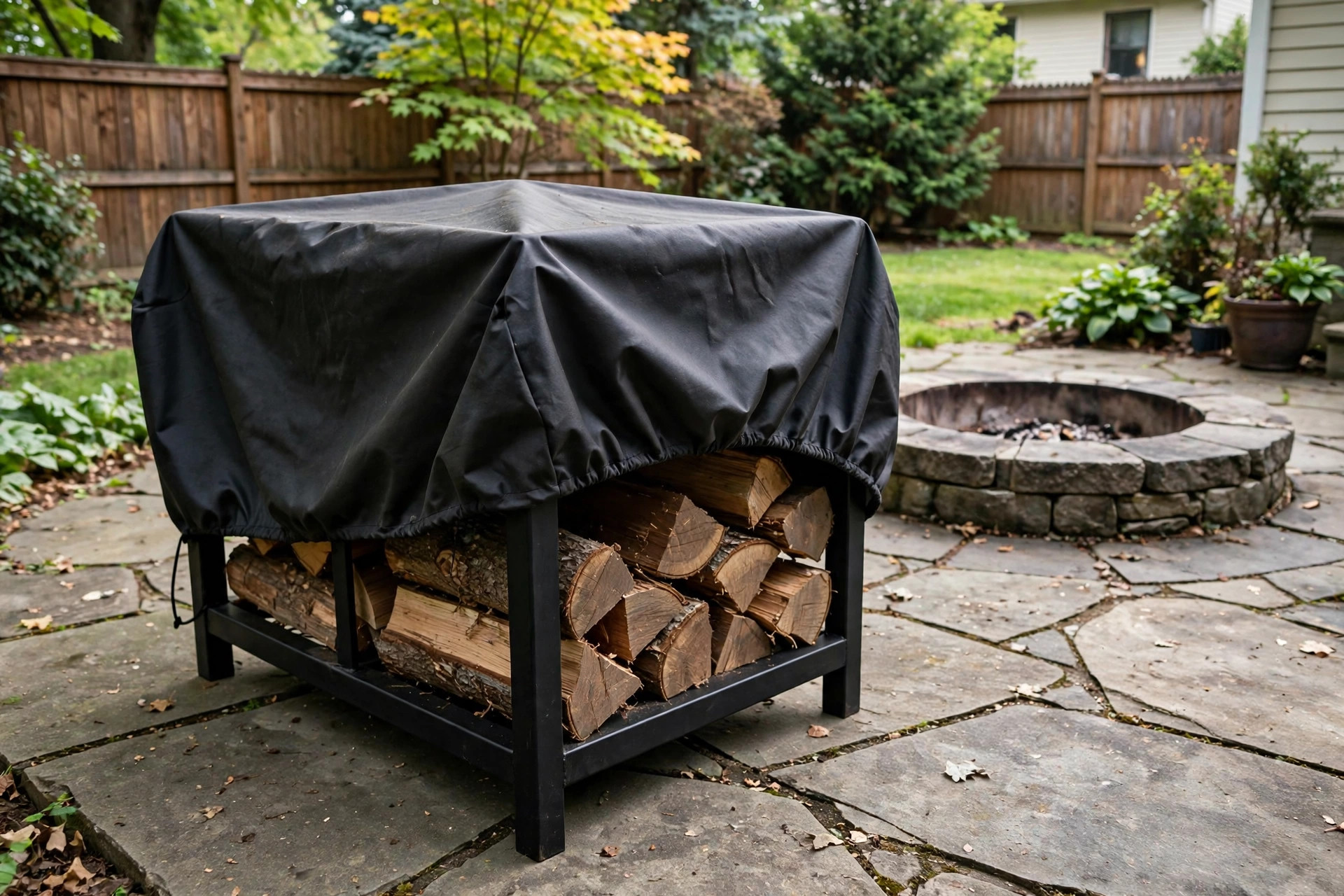 Outdoor firewood log holder with cover holding dry logs beside a backyard fire pit