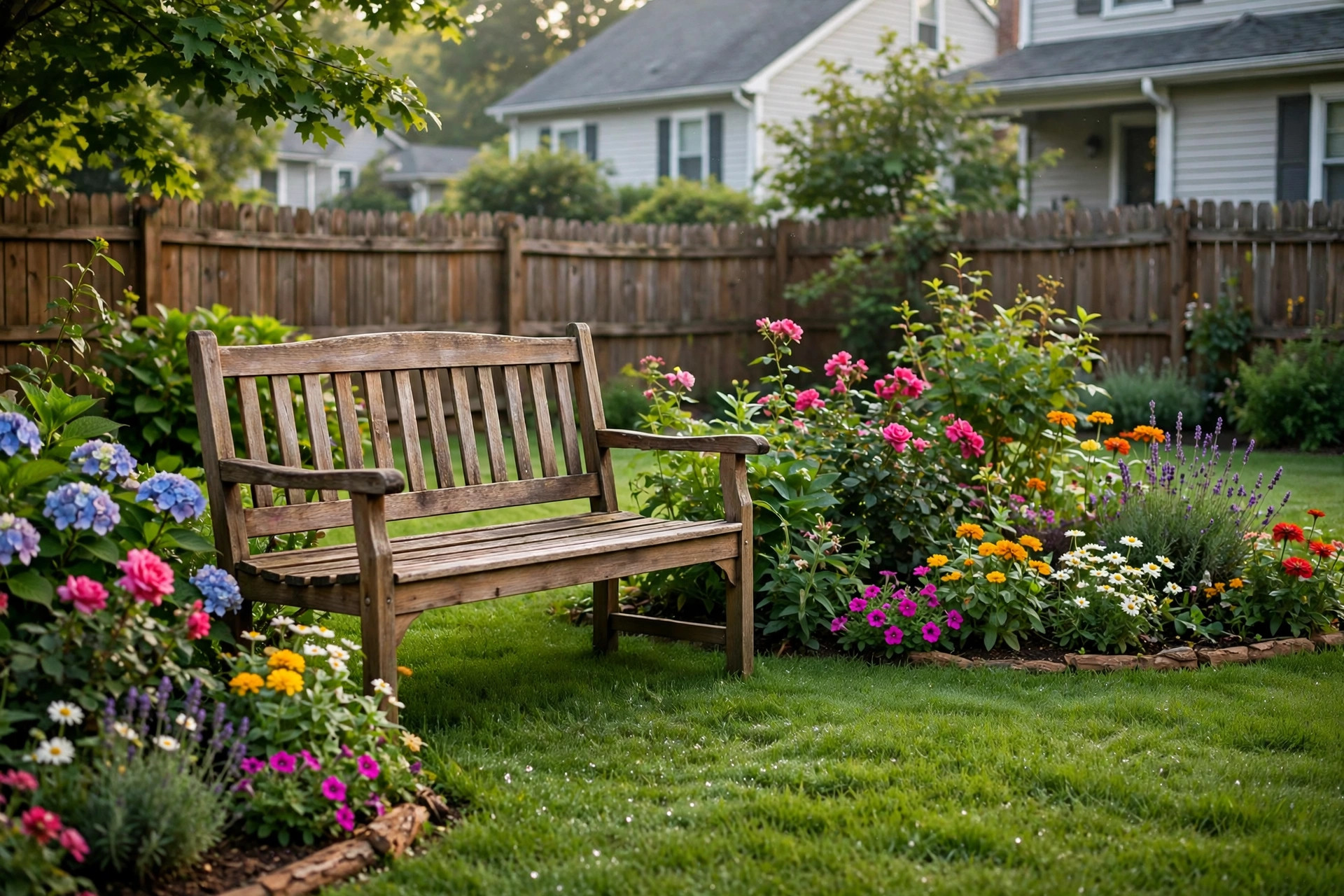 best outdoor bench for garden reviews: Wooden garden bench in a flower garden at an American home
