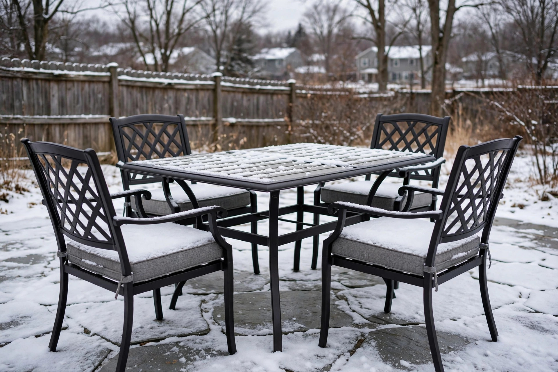 Patio furniture for cold climates reviews with sturdy outdoor set on snowy patio