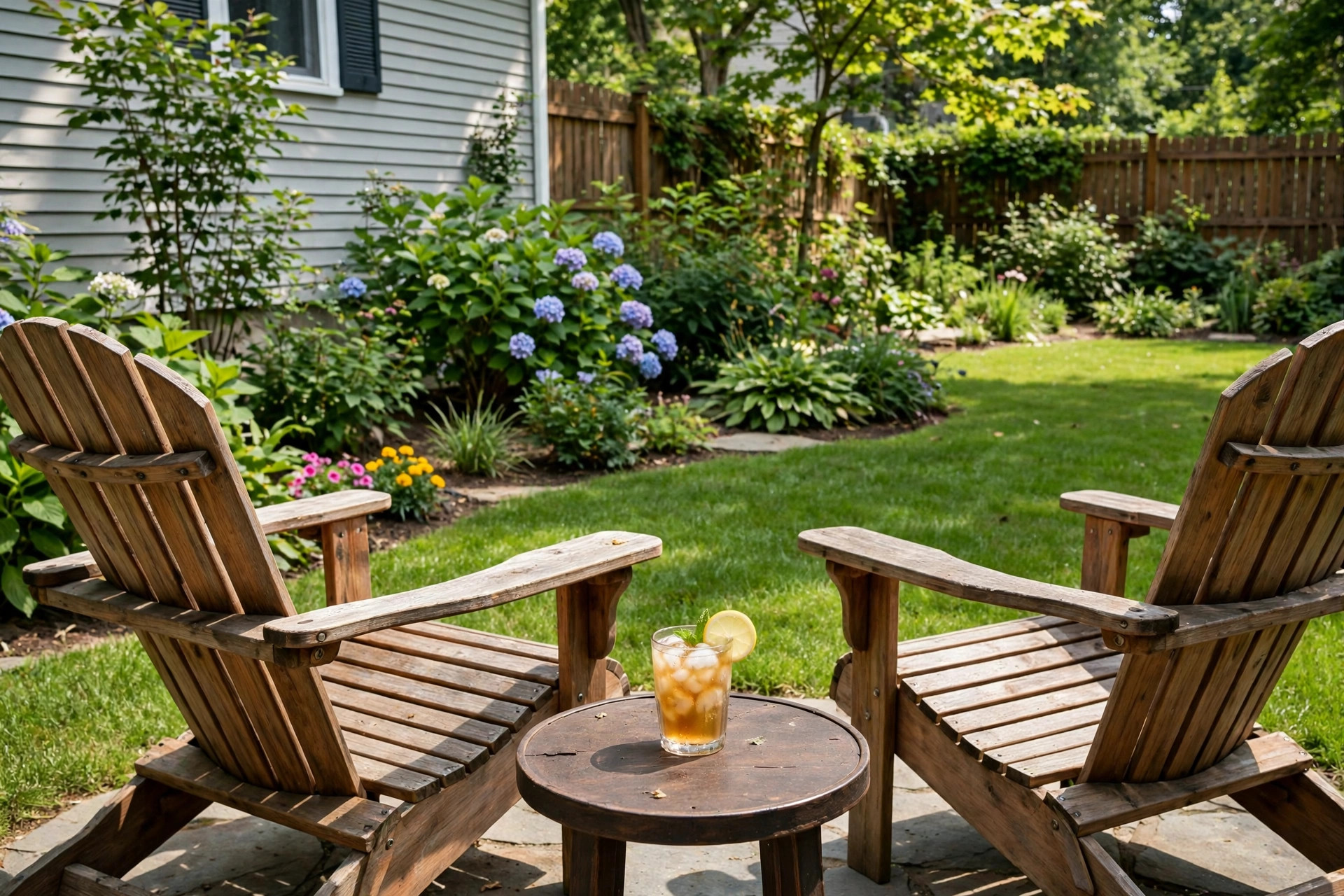 outdoor side table for adirondack chairs: Two Adirondack chairs with a matching outdoor side table on a home patio