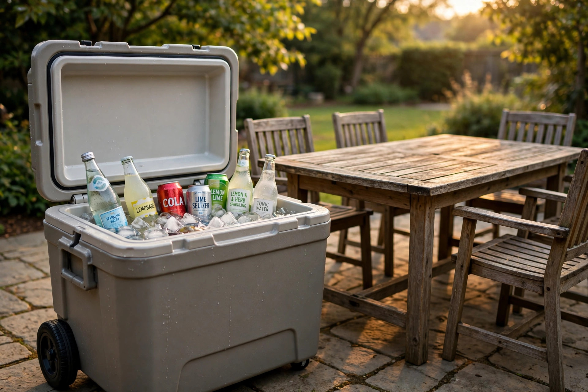 The best patio cooler for outdoor parties on a stone patio next to an outdoor table