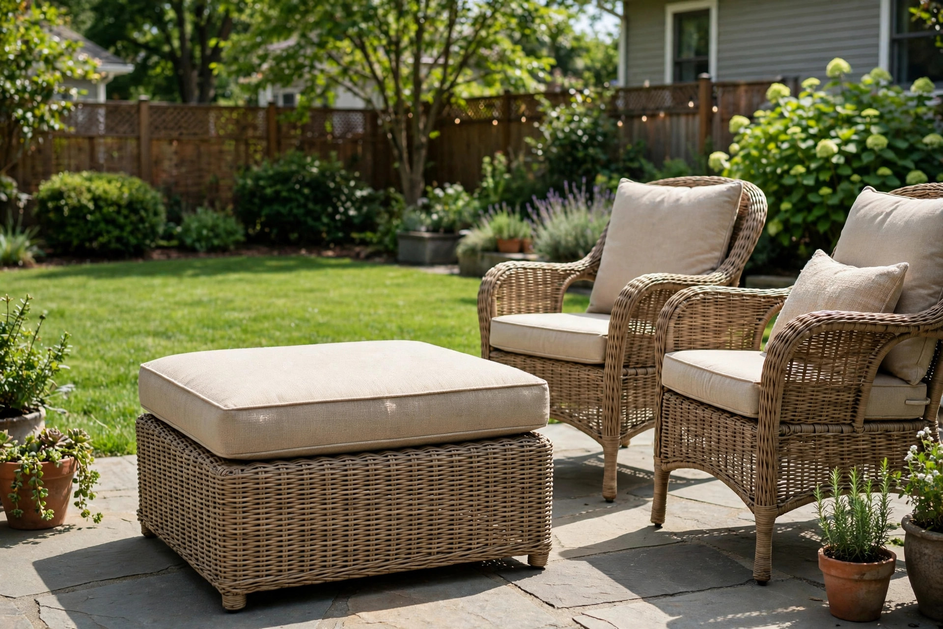 Outdoor ottoman for patio seating reviews shown in a sunny American backyard