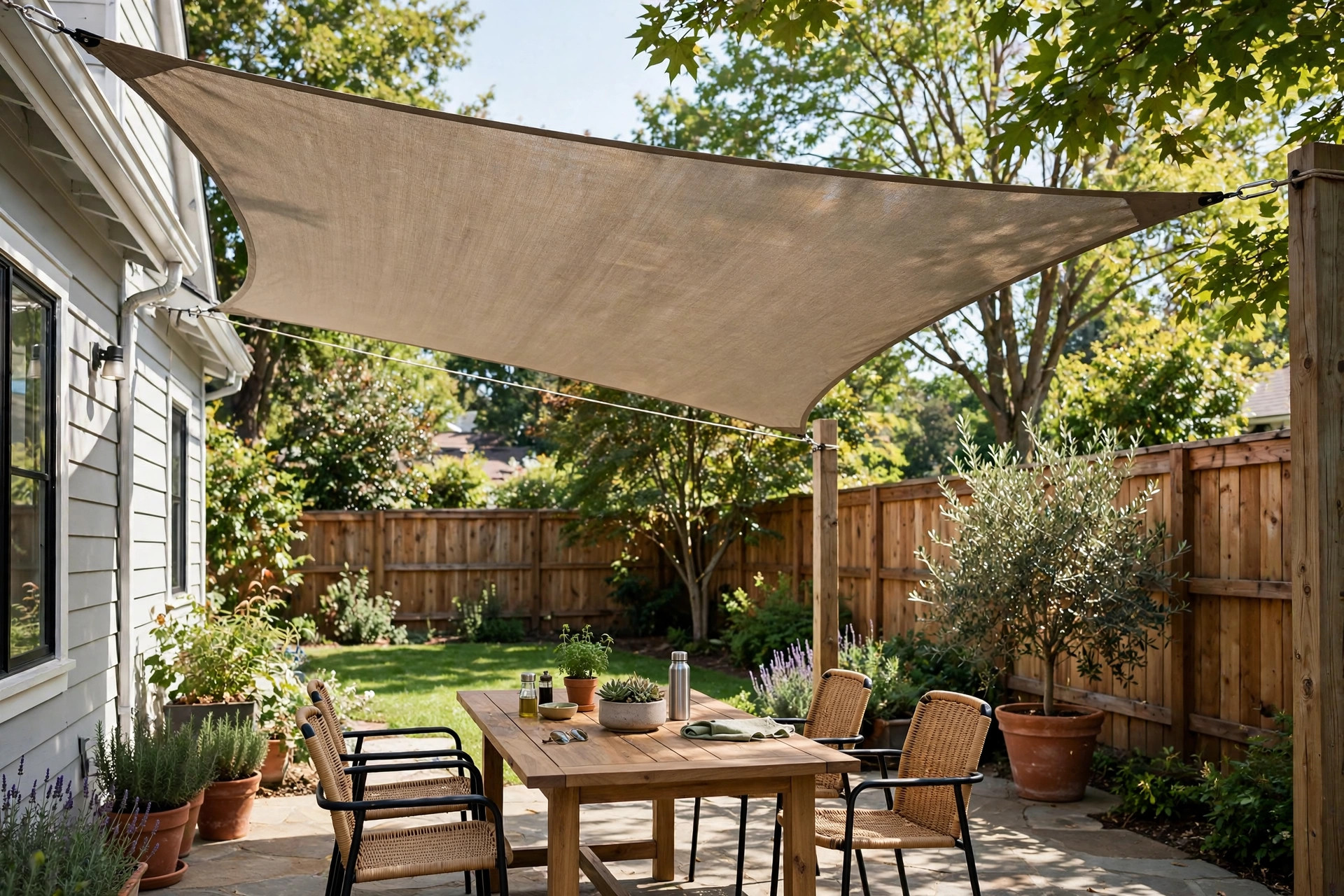 patio shade ideas without pergola: Shade sail casting cool shade over a patio set, a favorite patio shade idea without pergola