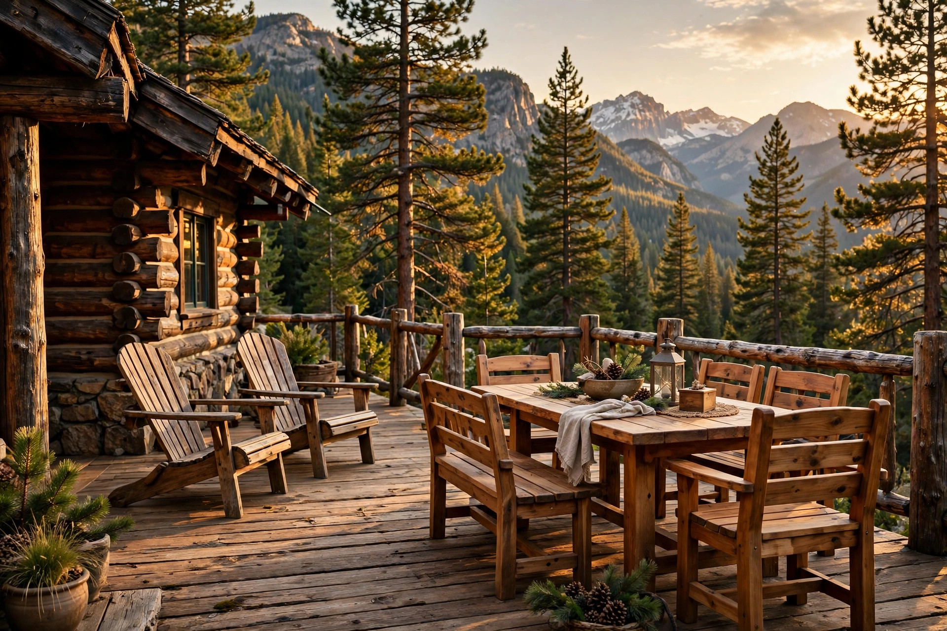 Best outdoor furniture for mountain cabin on a rustic log deck