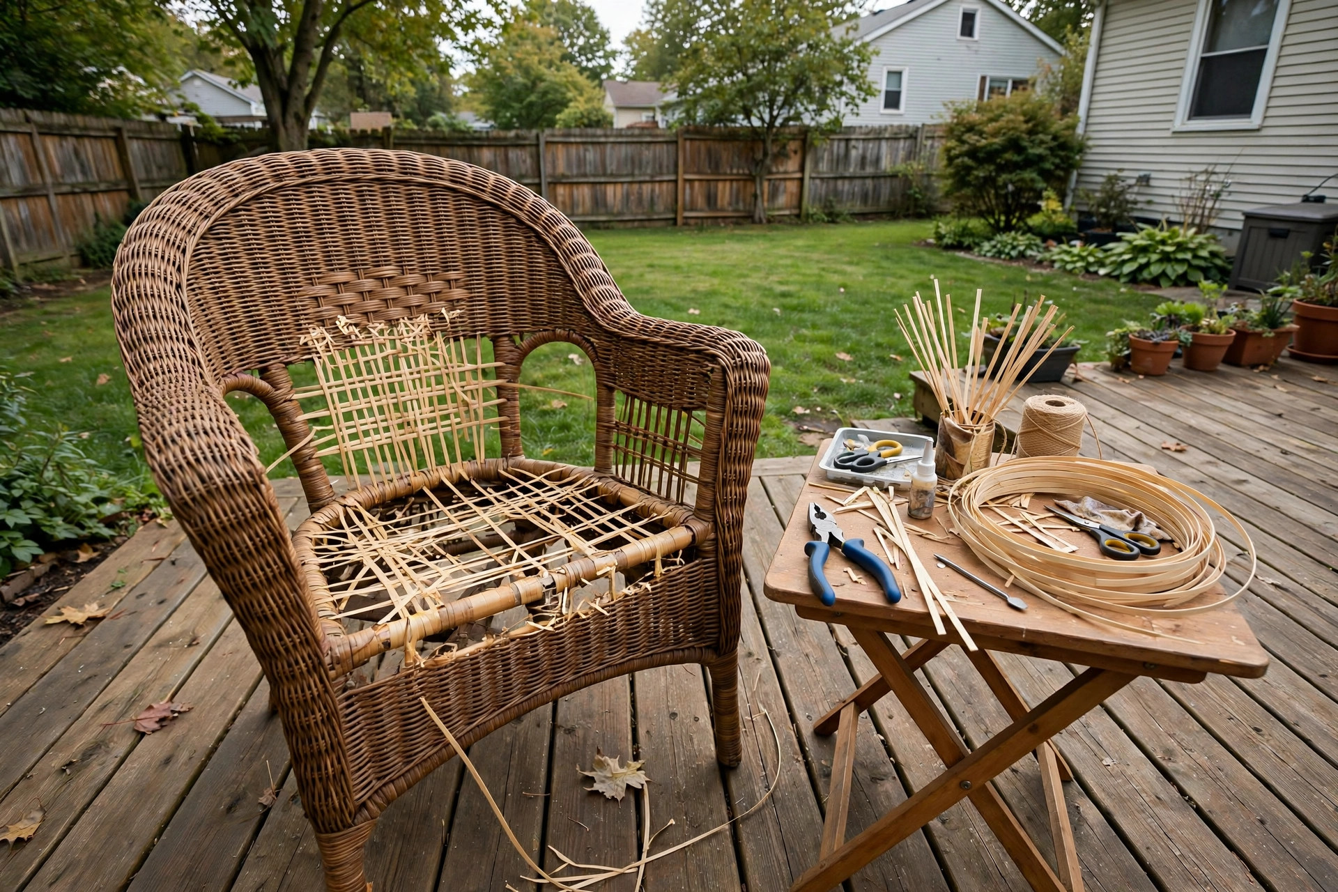 how to repair wicker patio furniture: A brown wicker patio chair being repaired on a wooden backyard deck with tools