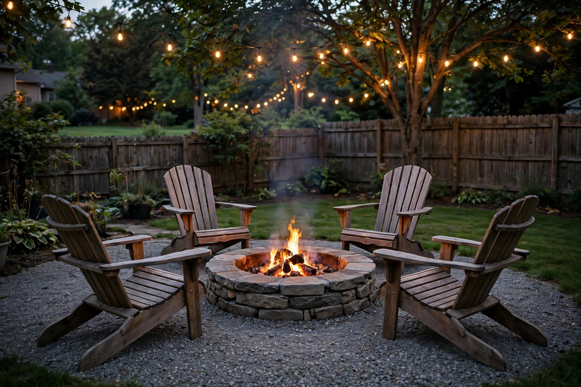 outdoor fire pit seating ideas backyard: Stone fire pit ring with Adirondack chairs arranged around it in a backyard at dusk