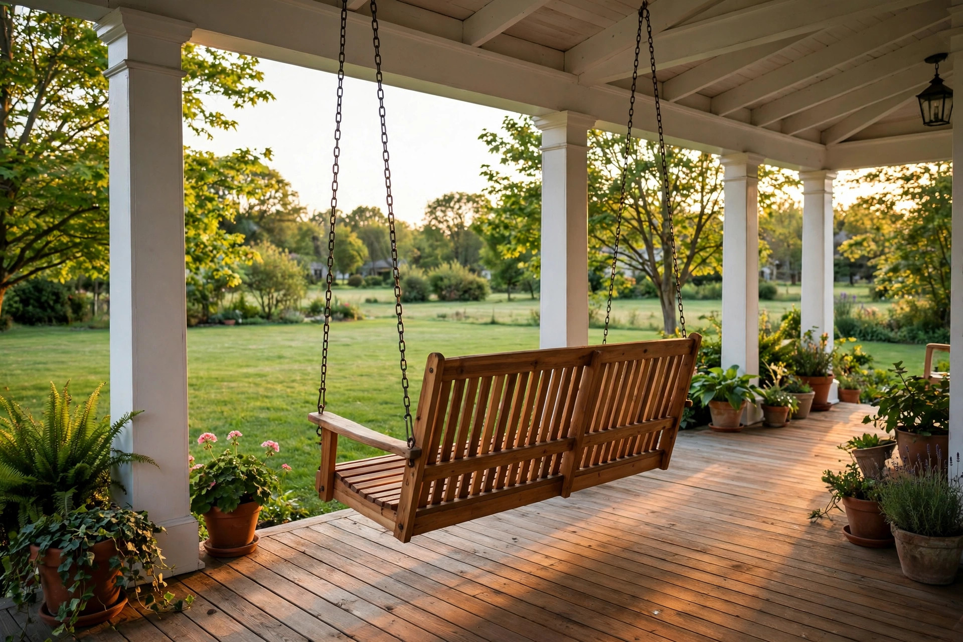 best outdoor swing for large porch: Large porch swing hanging from chains on a wide wooden porch