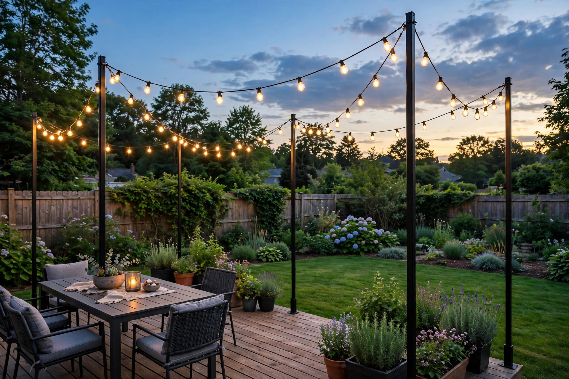 Patio string light poles for backyard at dusk