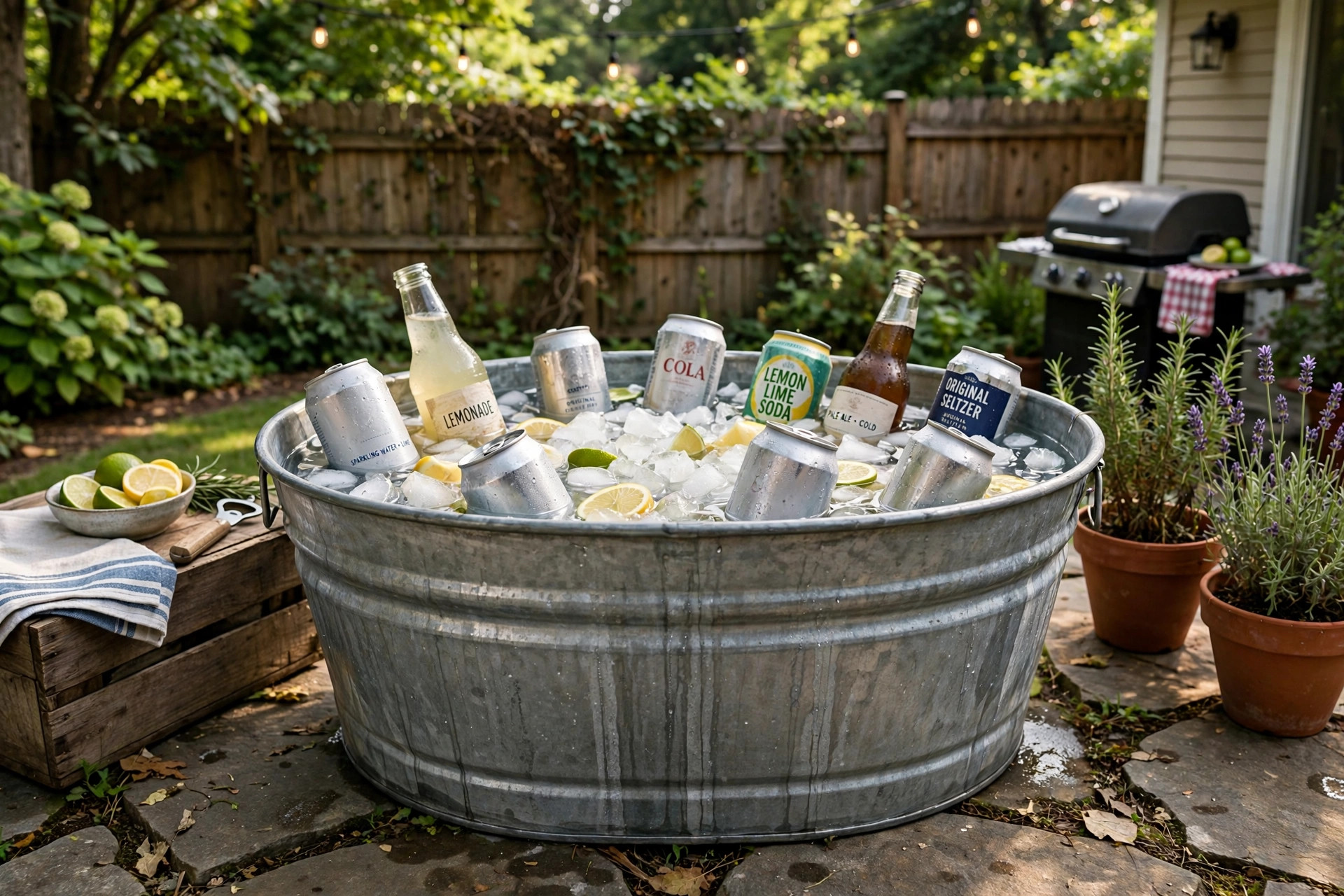 Outdoor beverage tub for parties reviews showing a galvanized tub filled with iced drinks on a patio