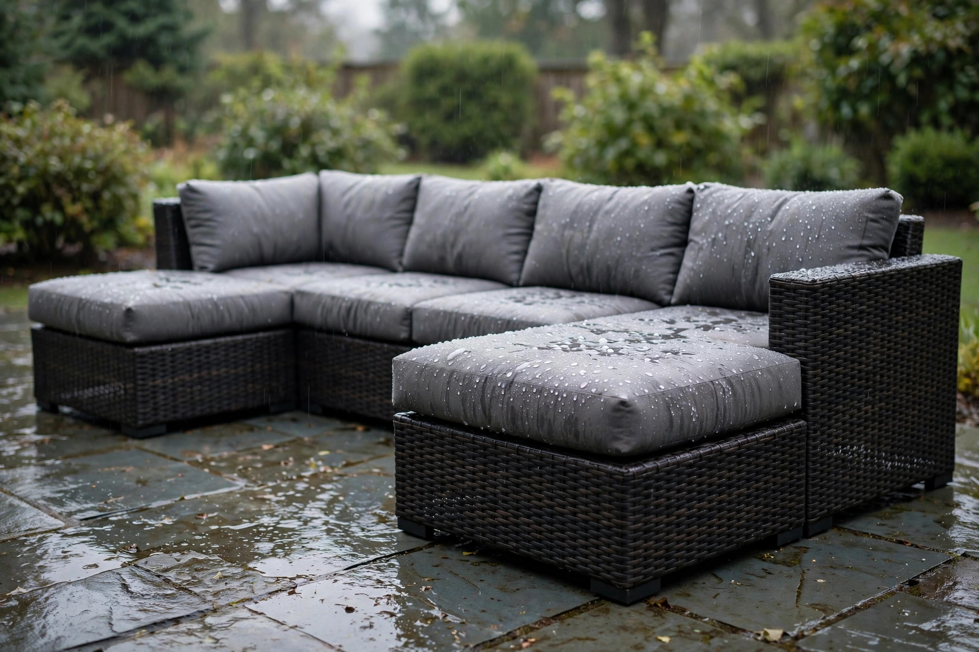 best outdoor sectional for rainy weather: Outdoor sectional sofa on a rainy patio with water beading on the cushions
