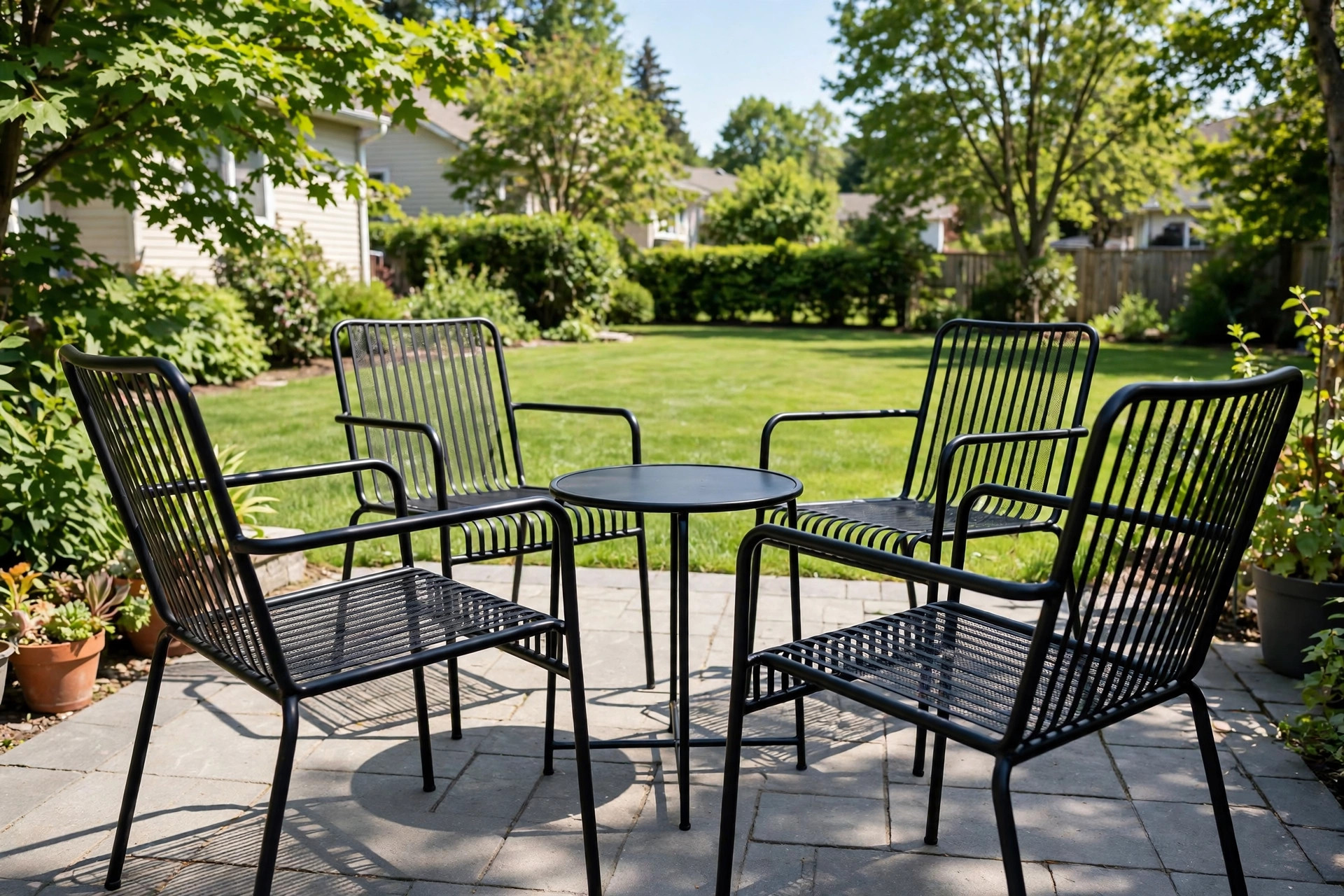 how to clean outdoor metal chairs: A clean set of outdoor metal chairs on a sunny American patio
