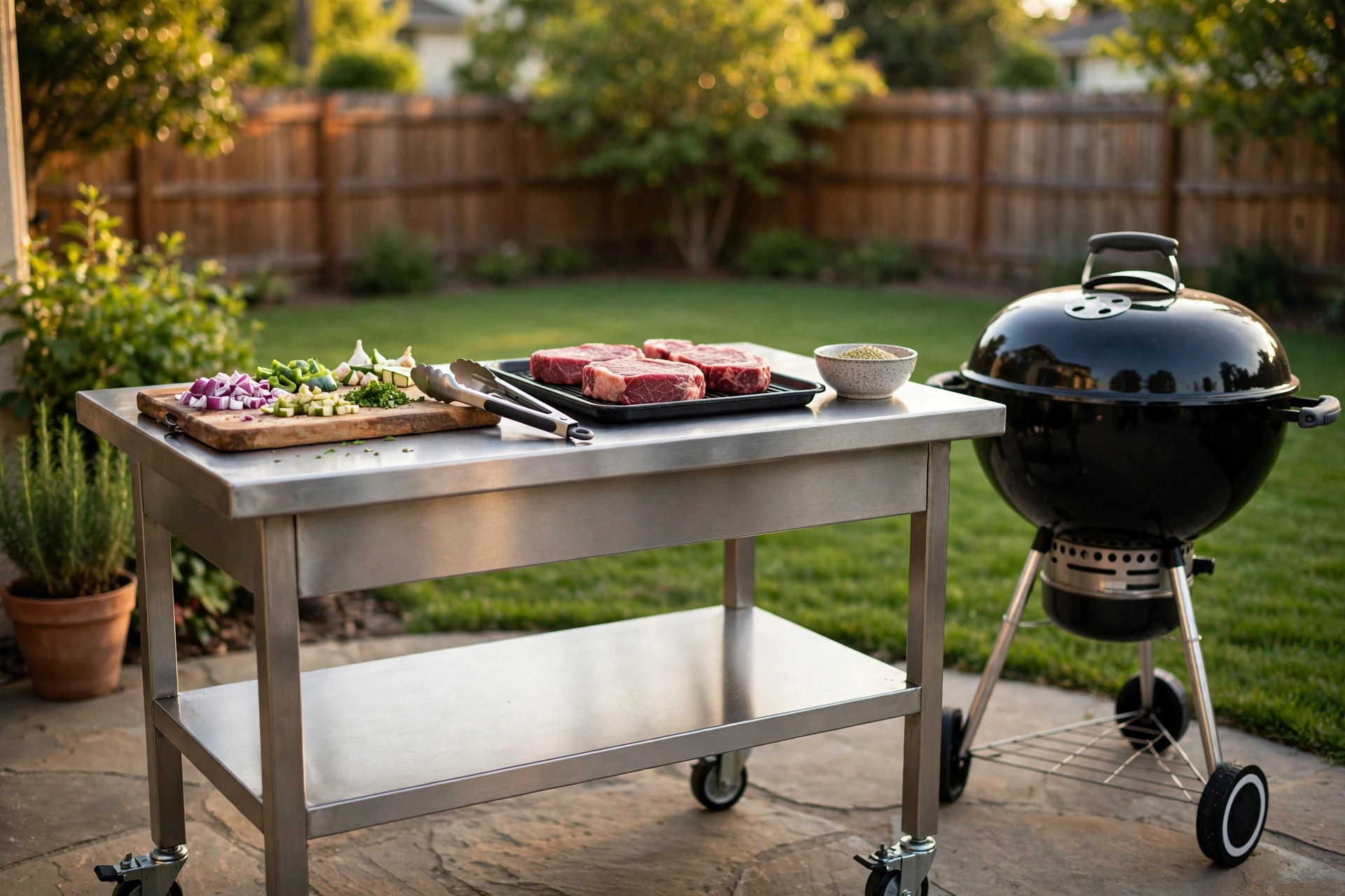 outdoor kitchen prep table stainless reviews: Stainless outdoor kitchen prep table set up on a patio
