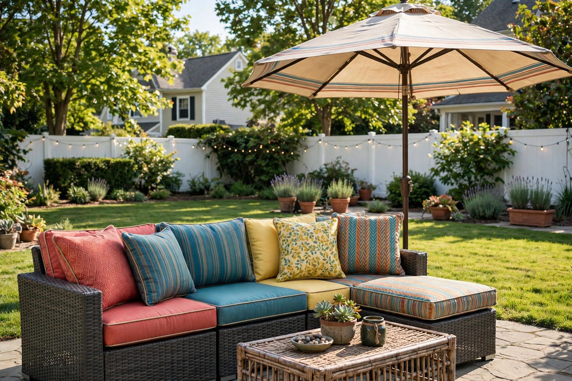 how to keep patio cushions from fading: Patio cushions on an outdoor sofa in a sunny American backyard