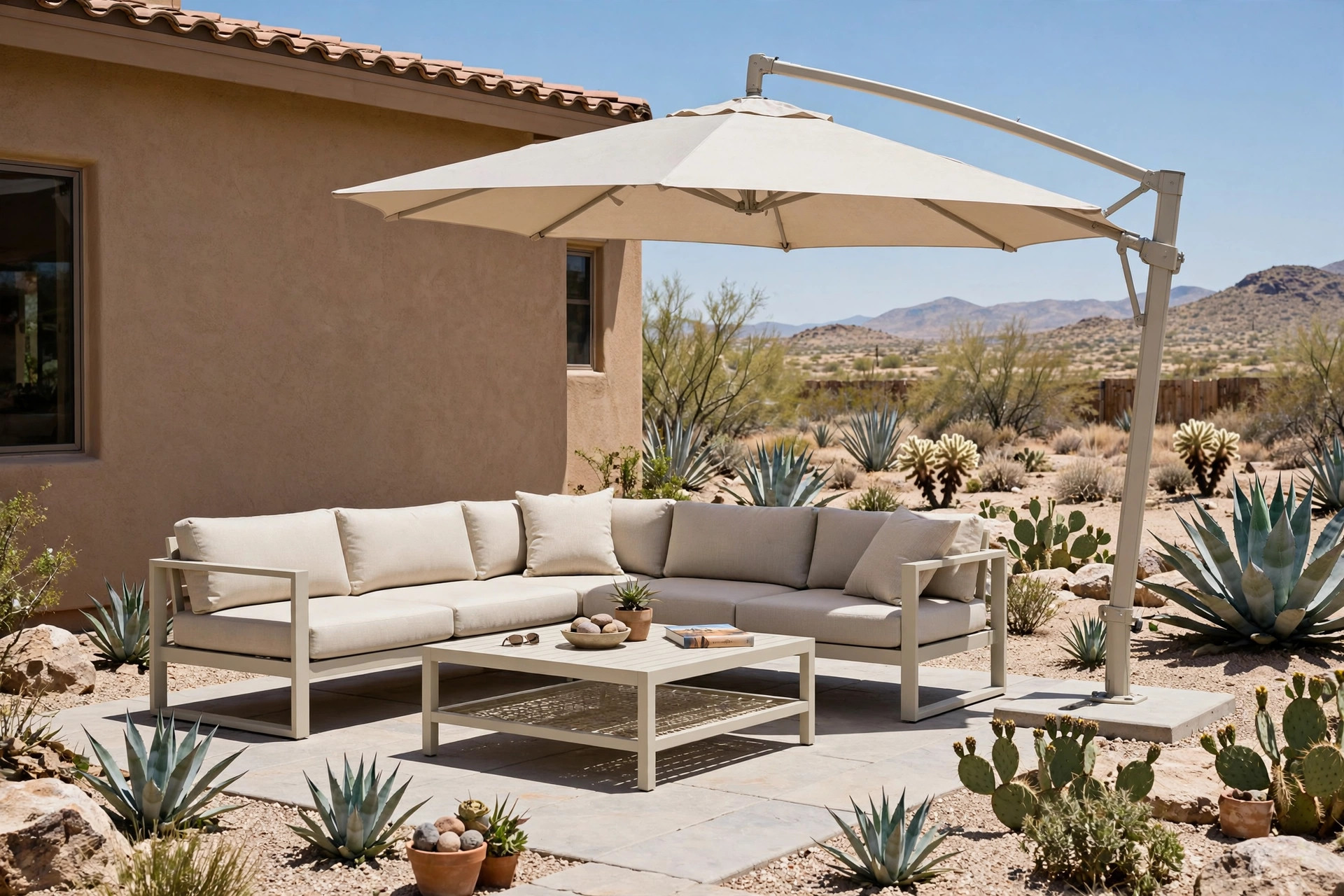 best outdoor furniture for desert backyard: Desert backyard patio with sun-resistant outdoor furniture set