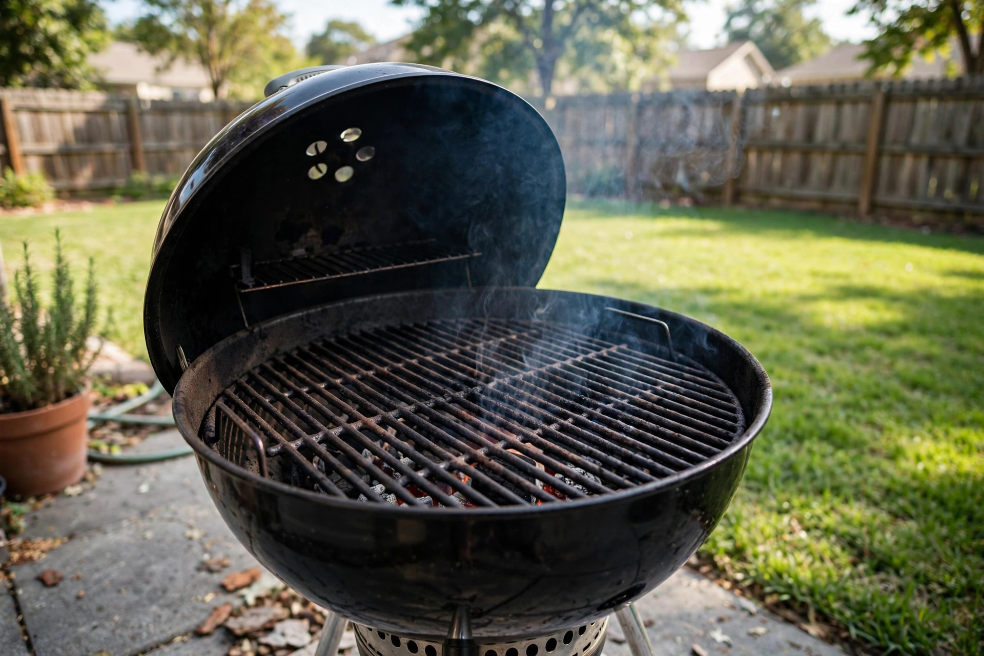 how to season cast iron grill grates: A seasoned cast iron grill grate glowing with heat inside a kettle grill, shown in a sunny American backyard