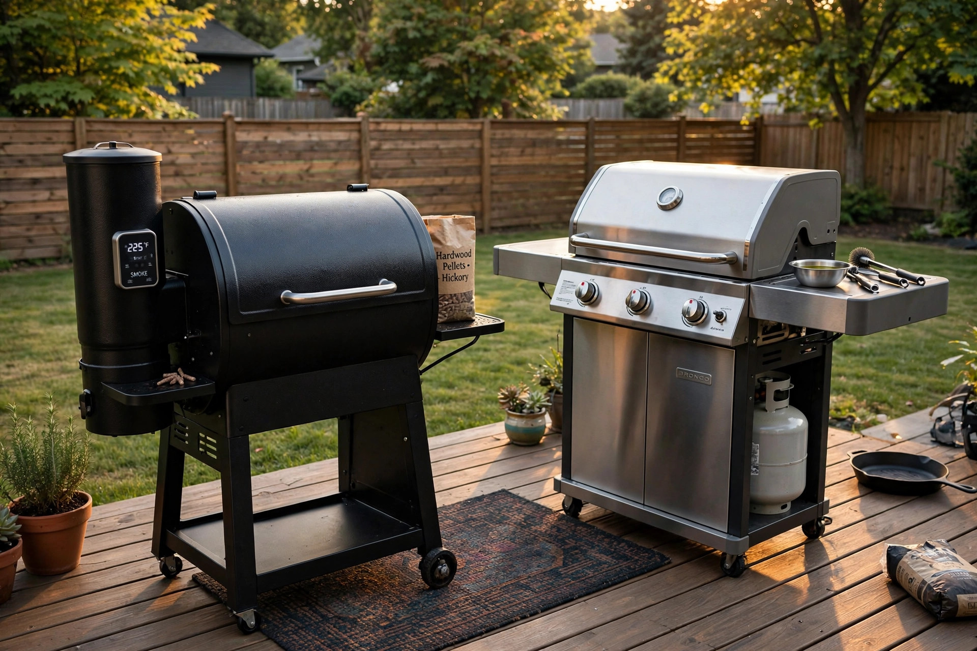 pellet grill vs gas grill pros cons: pellet grill and gas grill side by side on a backyard patio