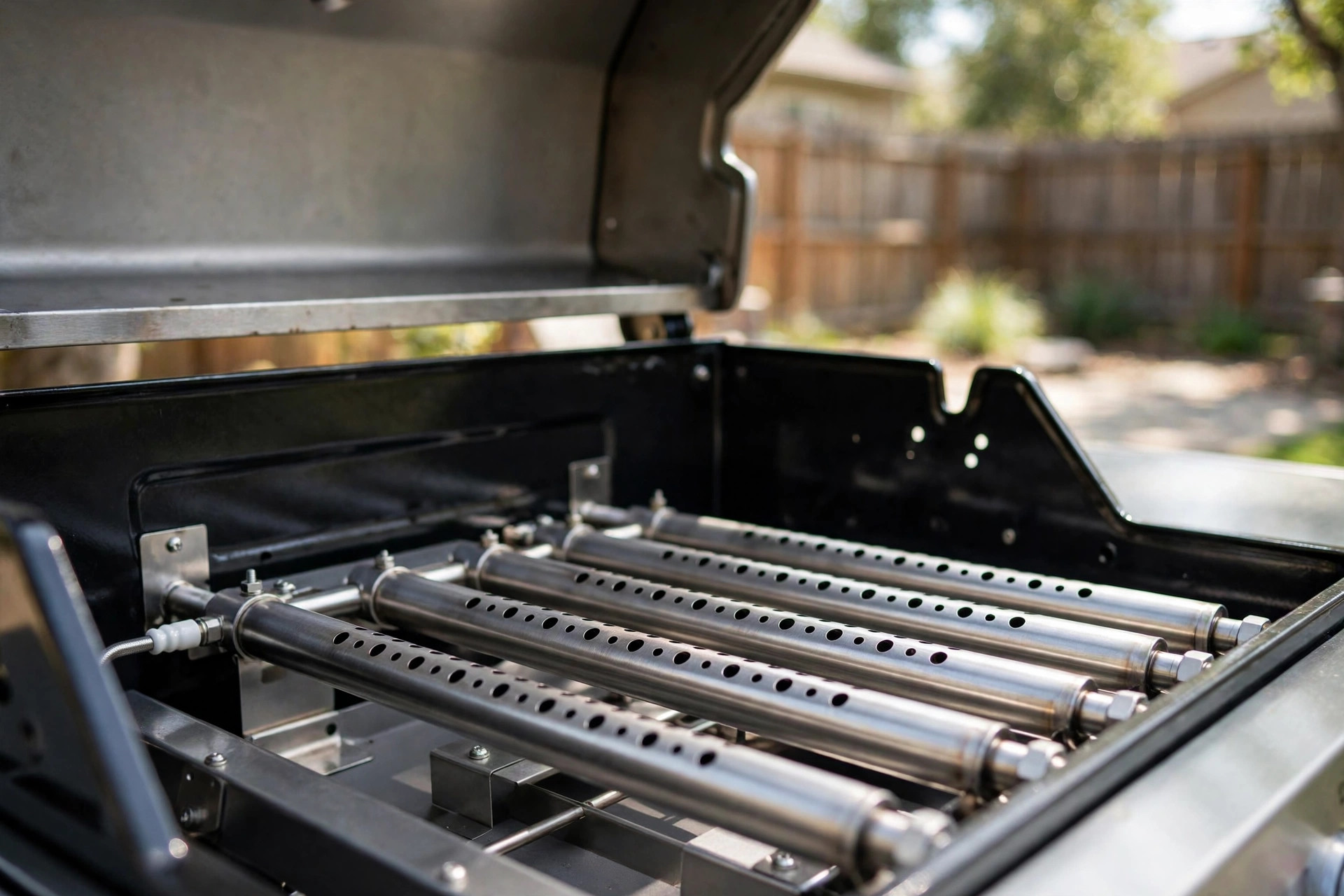 how to clean gas grill burners properly: Close-up of clean gas grill burners inside an open grill on a patio