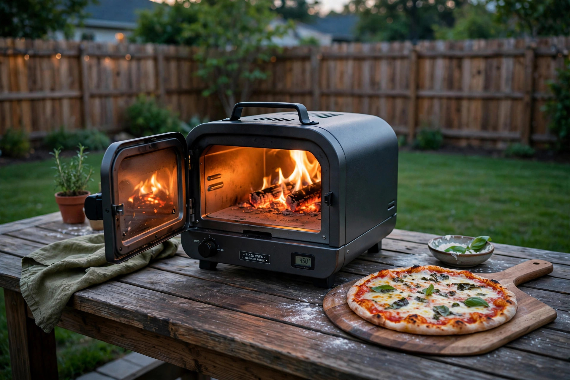 outdoor pizza oven for beginners reviews: A compact outdoor pizza oven on a backyard patio table with the door open and heat glowing inside