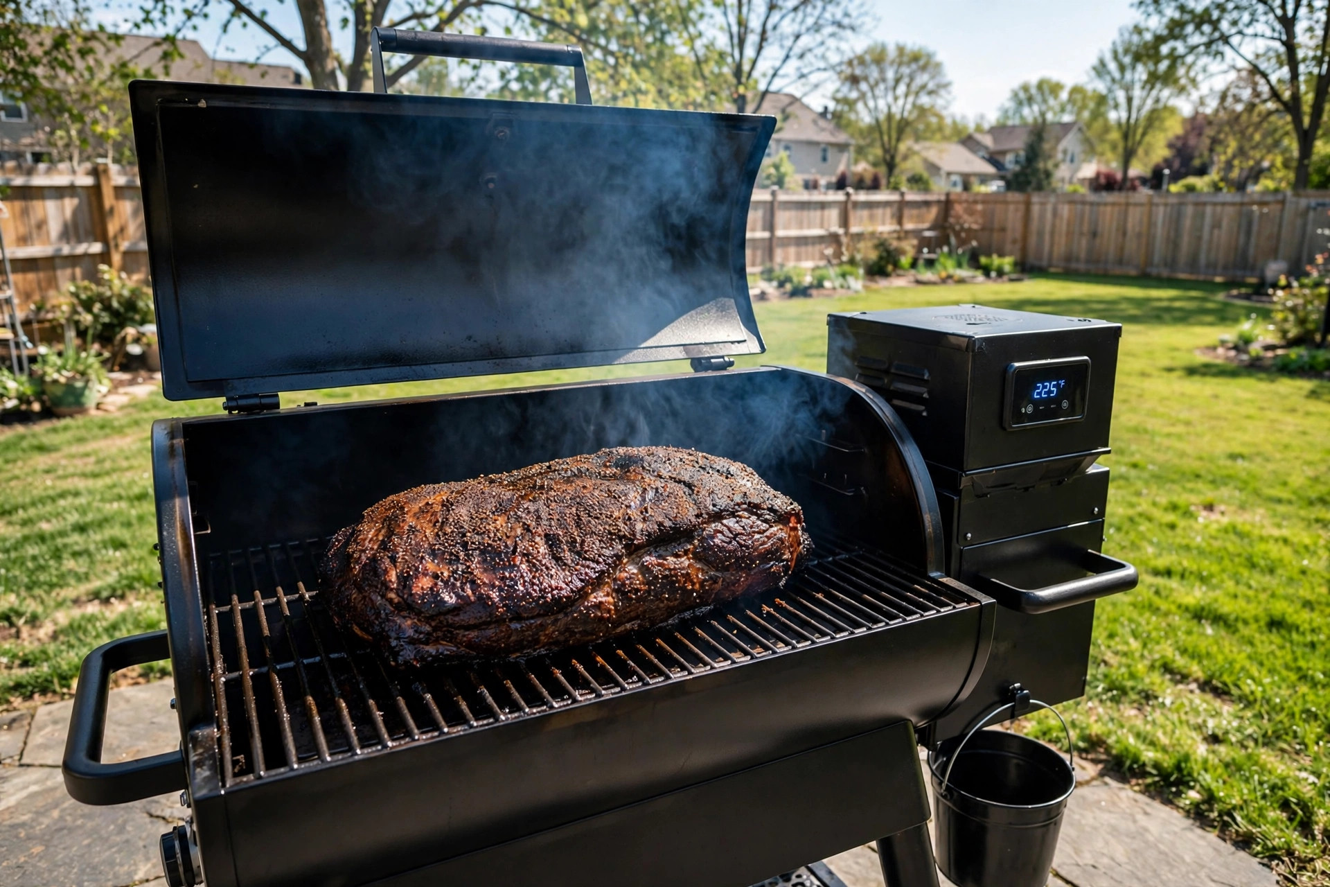 how to smoke brisket on pellet grill: Brisket smoking low and slow on a pellet grill in a backyard