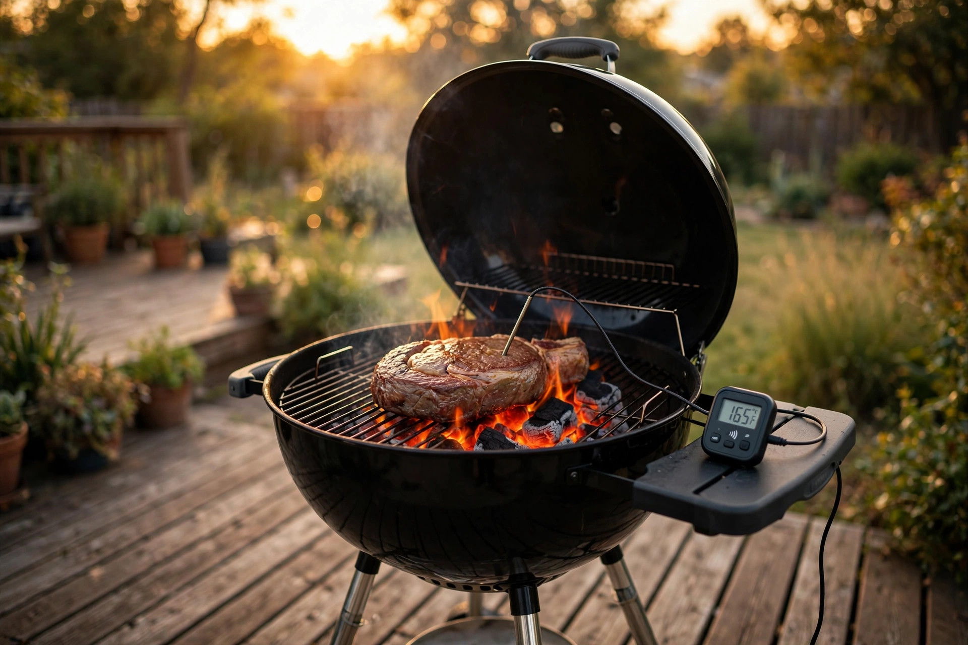 Wireless BBQ thermometer beside a grill with the best BBQ thermometer wireless for grilling