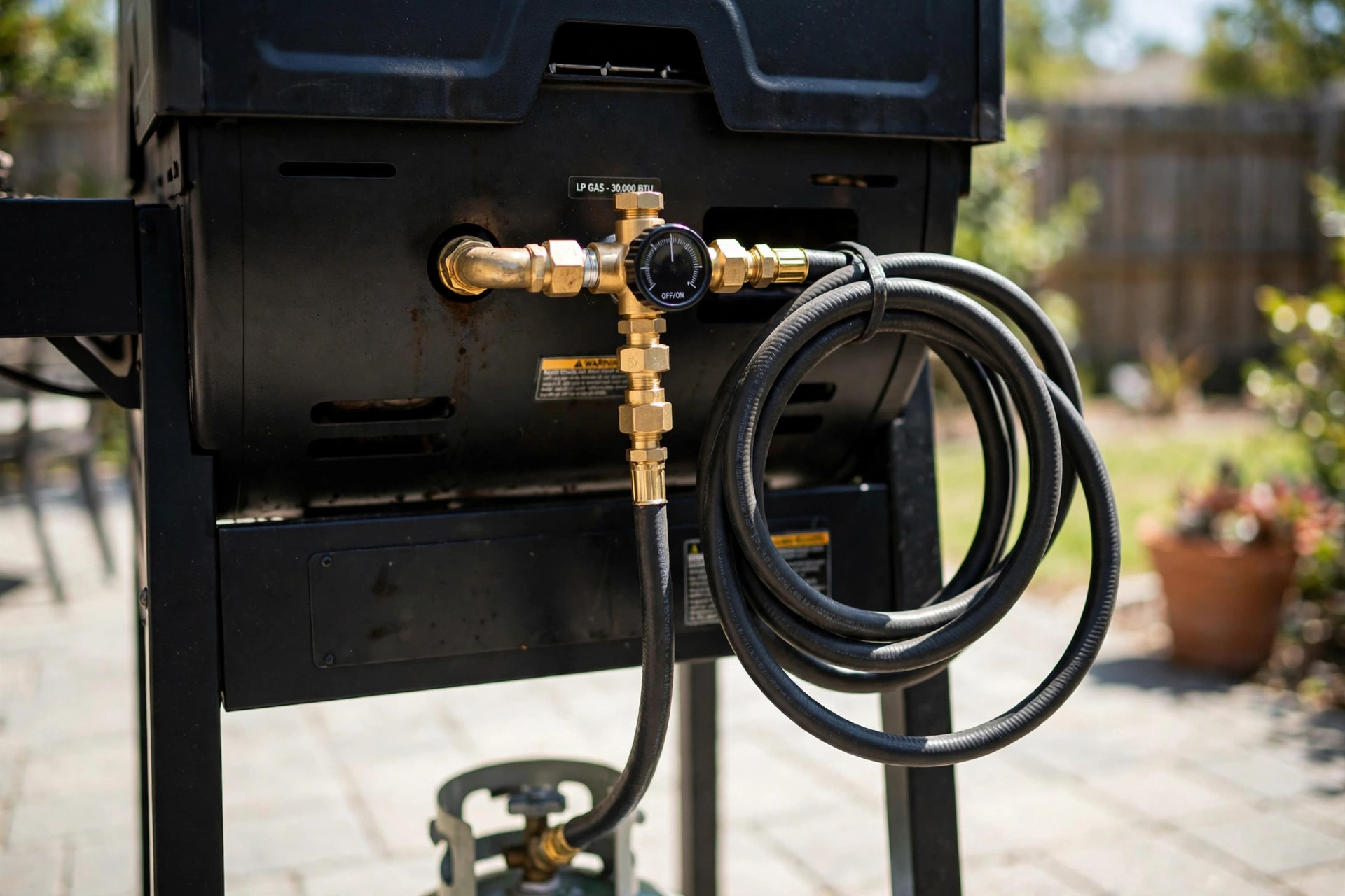 Gas grill regulator replacement guide on a backyard grill
