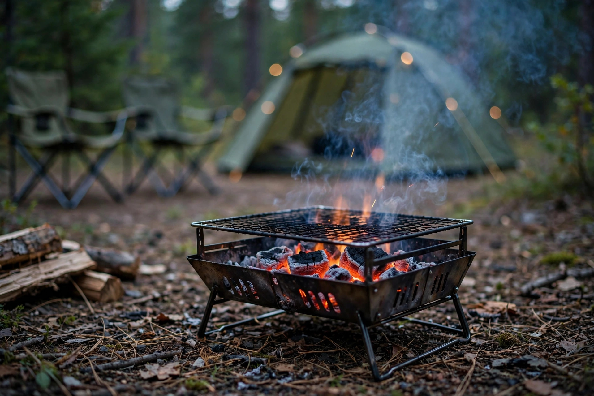 best portable grill for camping reviews: A portable grill set up at a forest campsite with low smoke over the coals