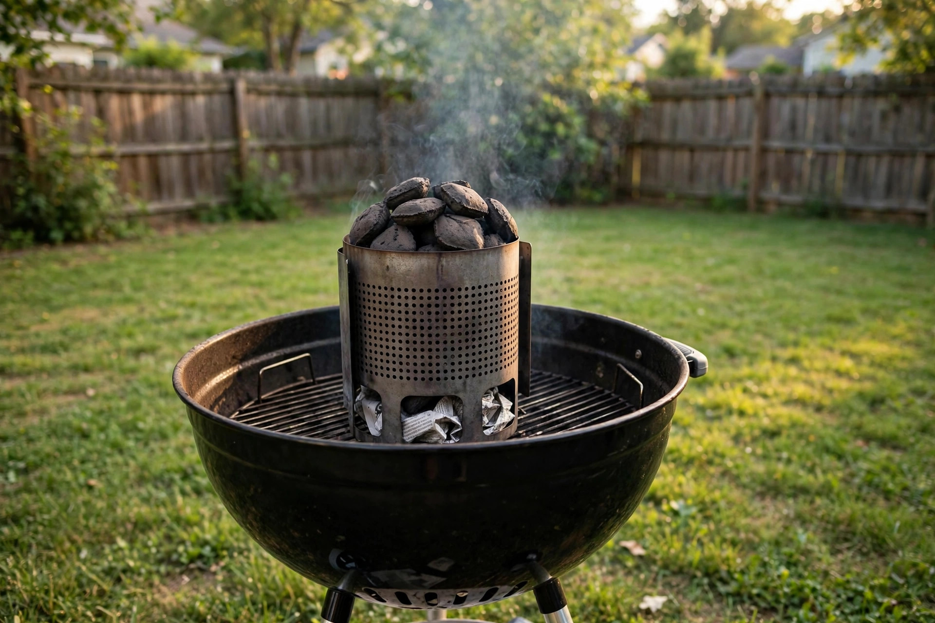 how to start charcoal grill without lighter: A kettle charcoal grill with a chimney starter smoking beside it on a backyard lawn
