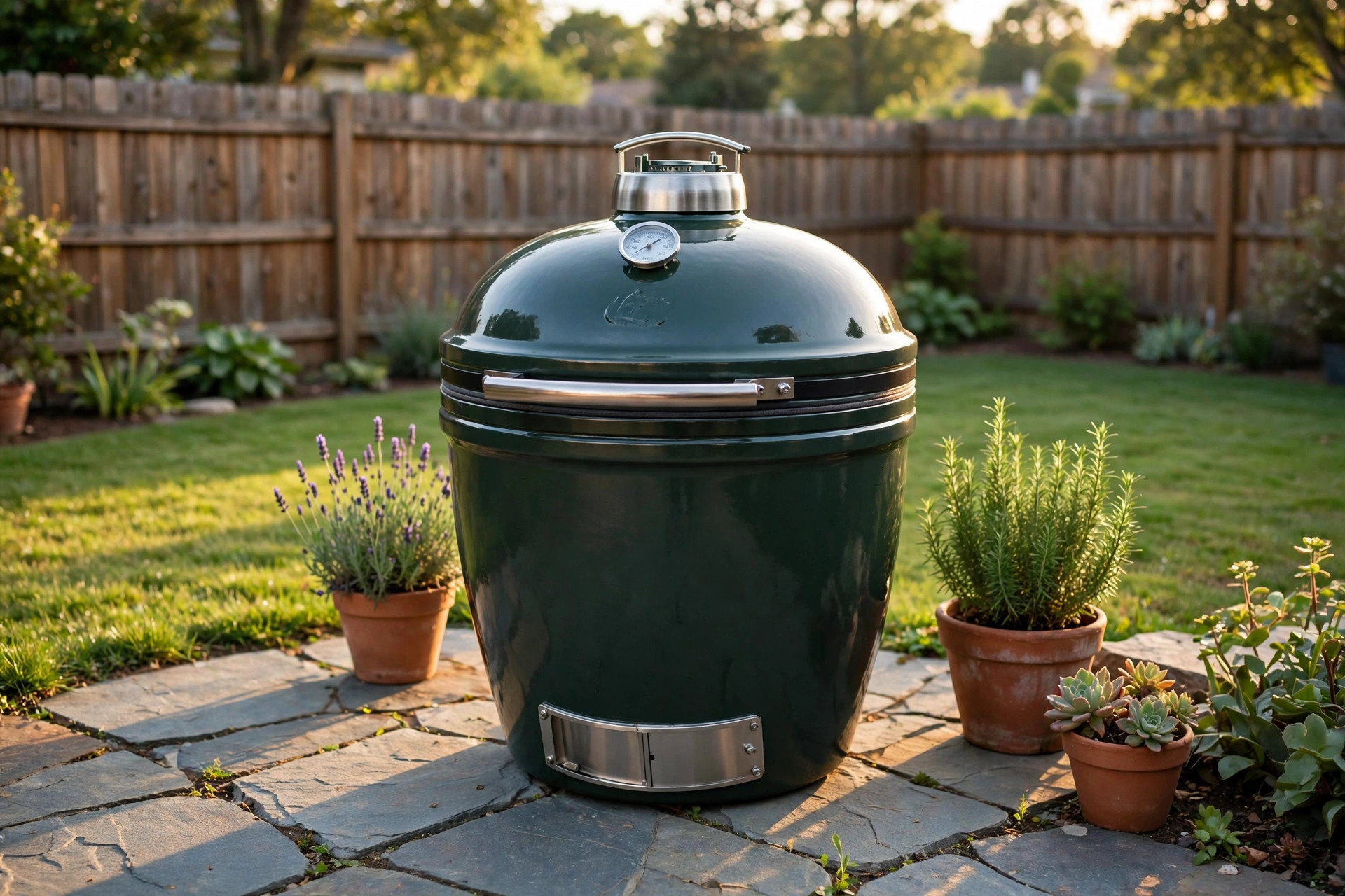 A round ceramic kamado grill on a backyard patio — best kamado grill for the money