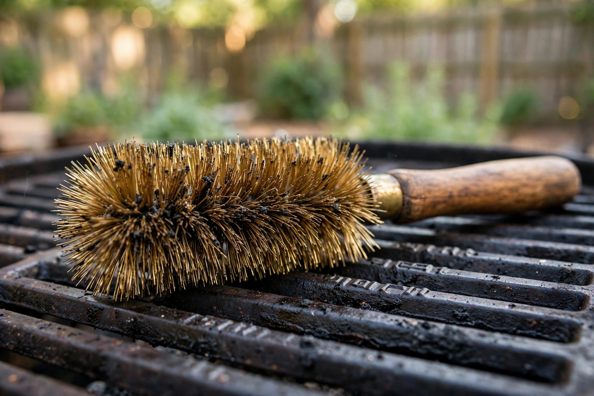 Close-up of the best grill brush for cast iron grates resting on seasoned cast iron grates
