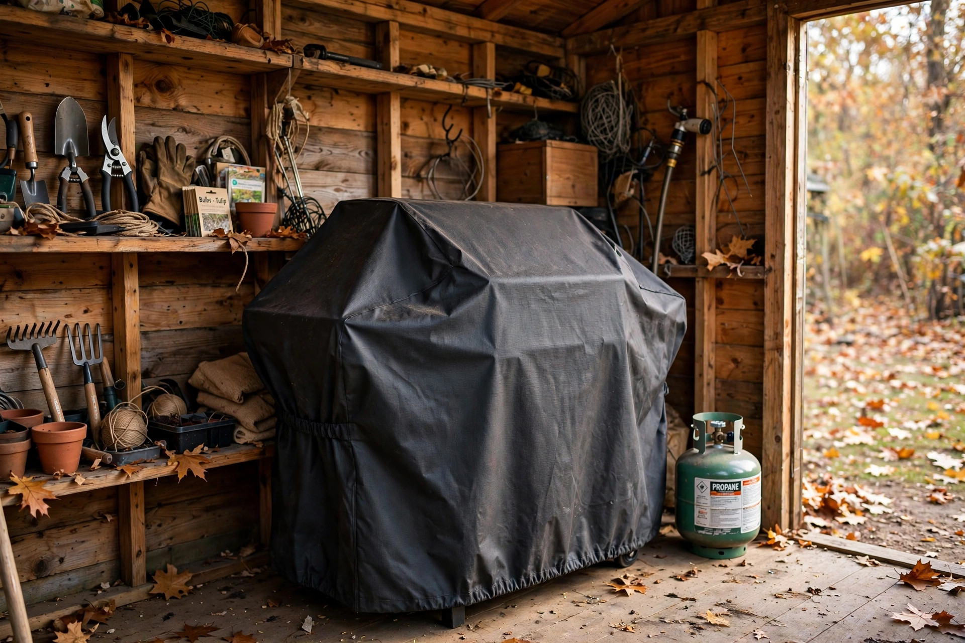 How to winterize gas grill for storage in a clean backyard shed