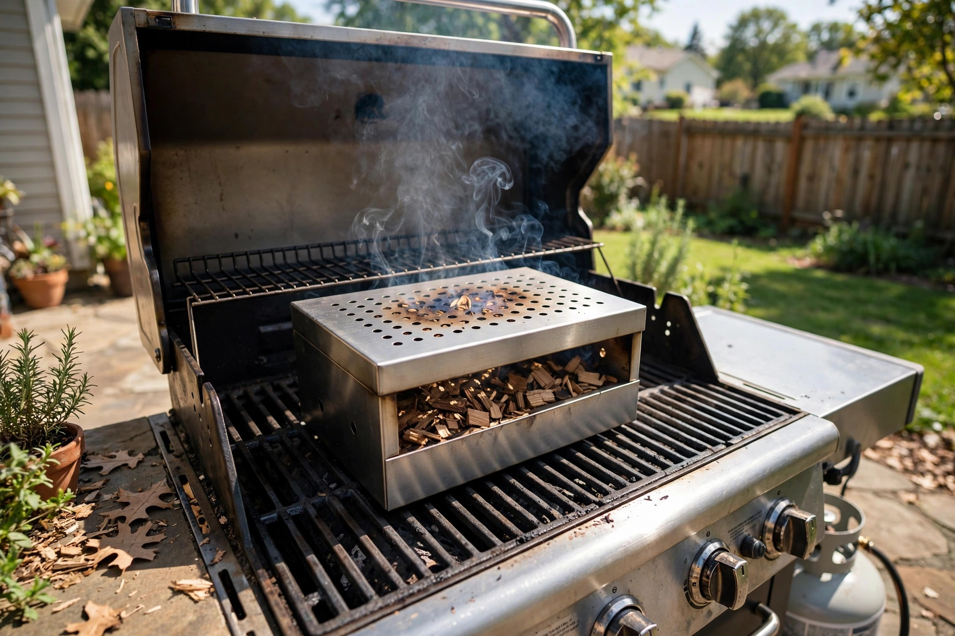 Smoker box for gas grill reviews: stainless steel smoke box on grill grates