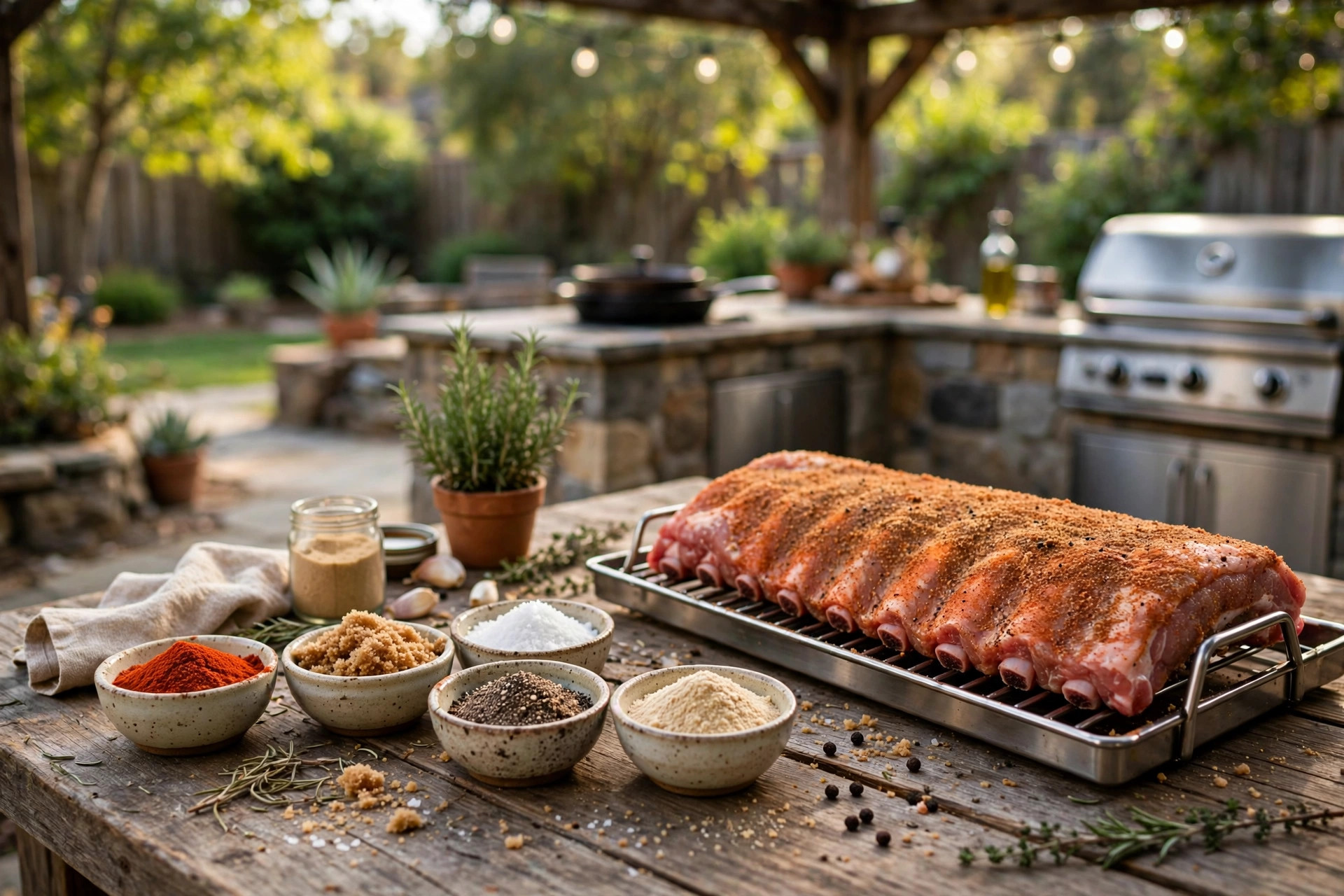 best bbq rub for ribs homemade: Homemade BBQ rib rub ingredients and coated ribs on a wooden table