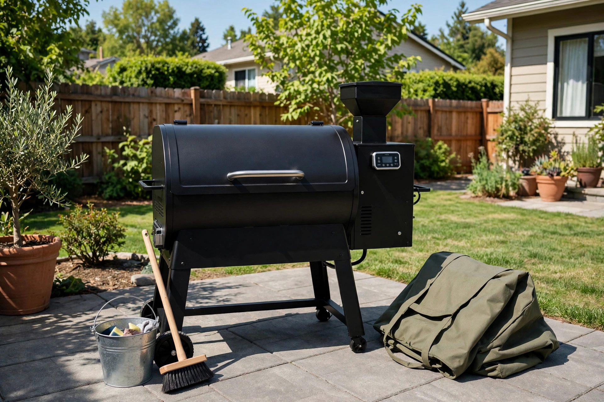 A pellet grill on a home patio, focus of pellet grill maintenance tips for beginners
