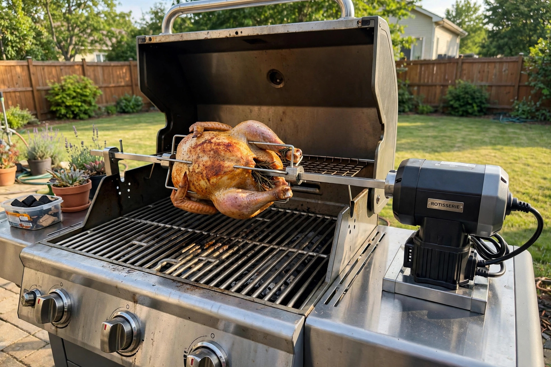 best rotisserie attachment for gas grill: A whole chicken turning on a rotisserie attachment for a gas grill in a backyard