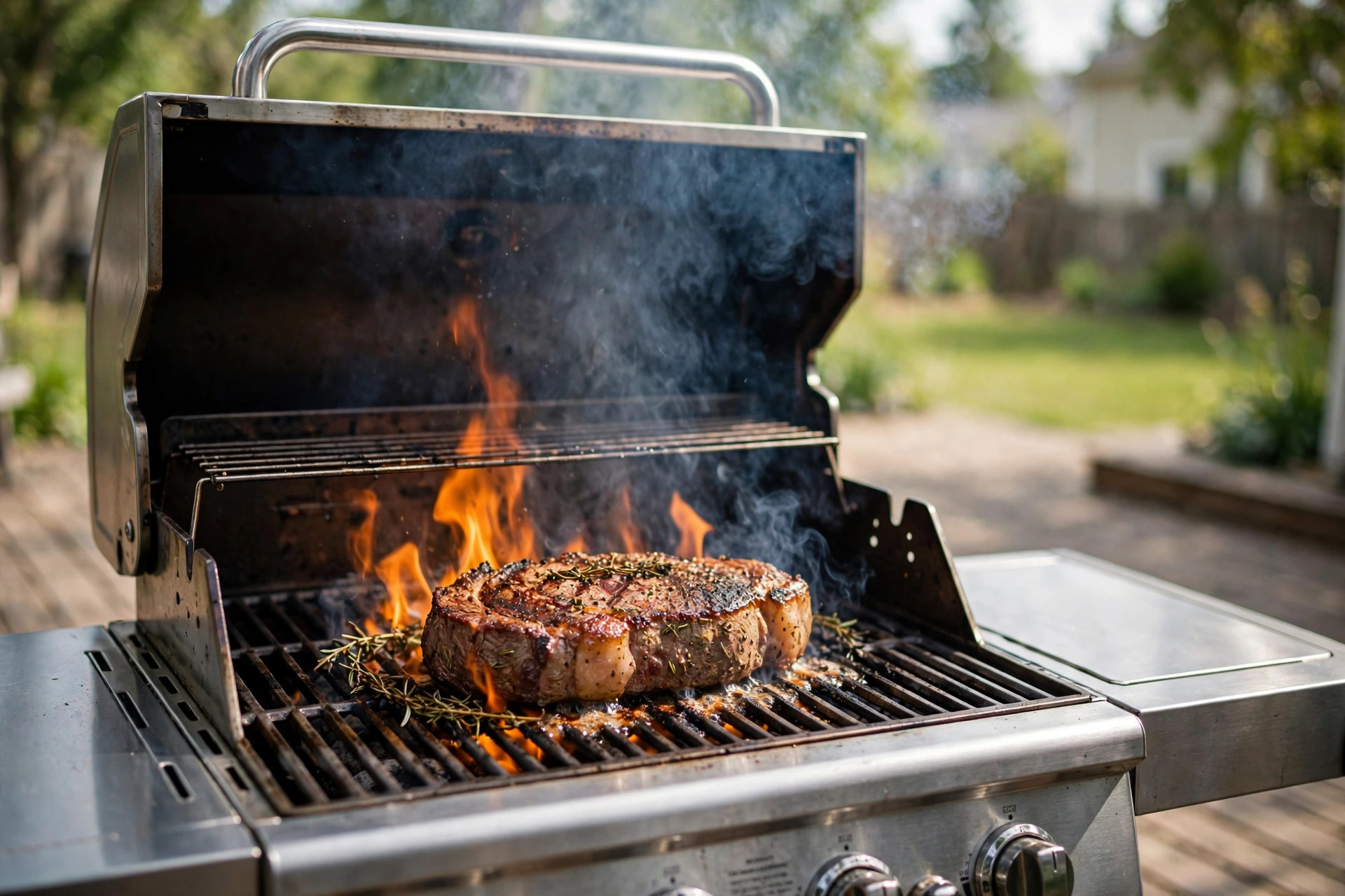 how to grill steak on gas grill: Thick steak grilling over flames on a gas grill in a backyard
