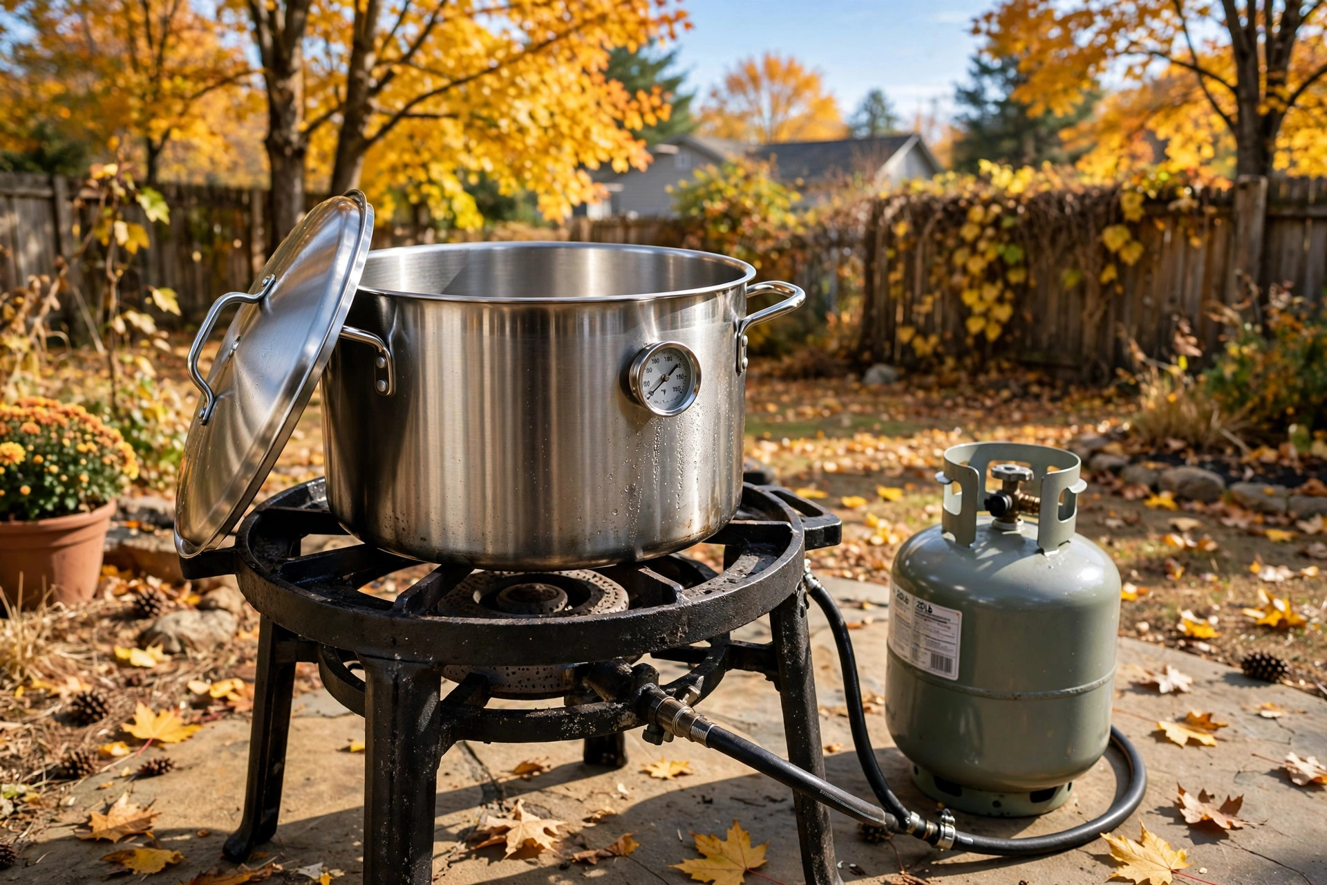 best outdoor deep fryer for turkey: Outdoor turkey deep fryer with stockpot on a propane burner in a backyard