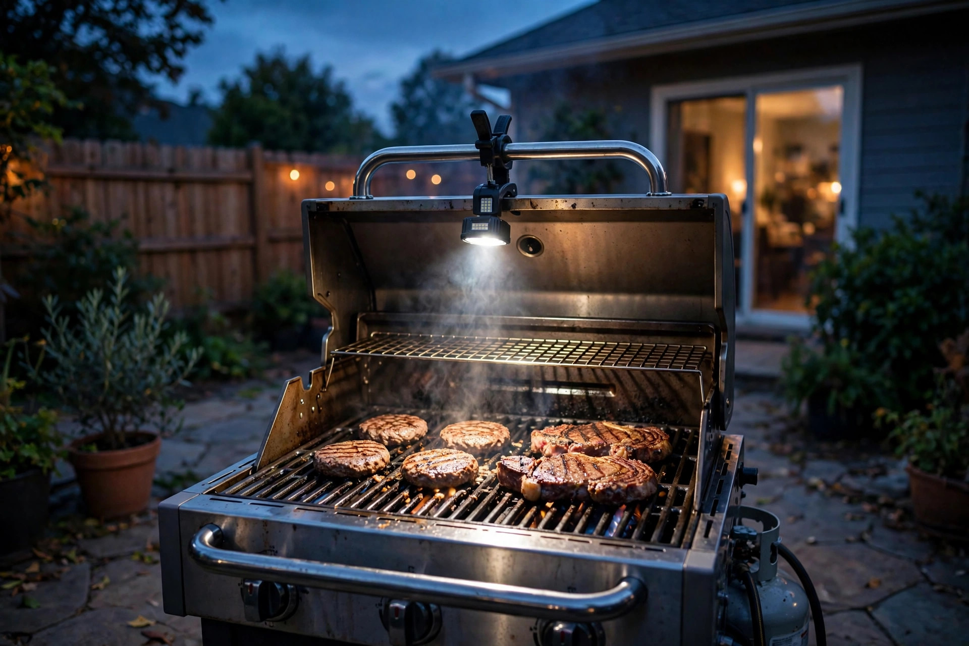 Best grill light for night grilling mounted on a gas grill at dusk