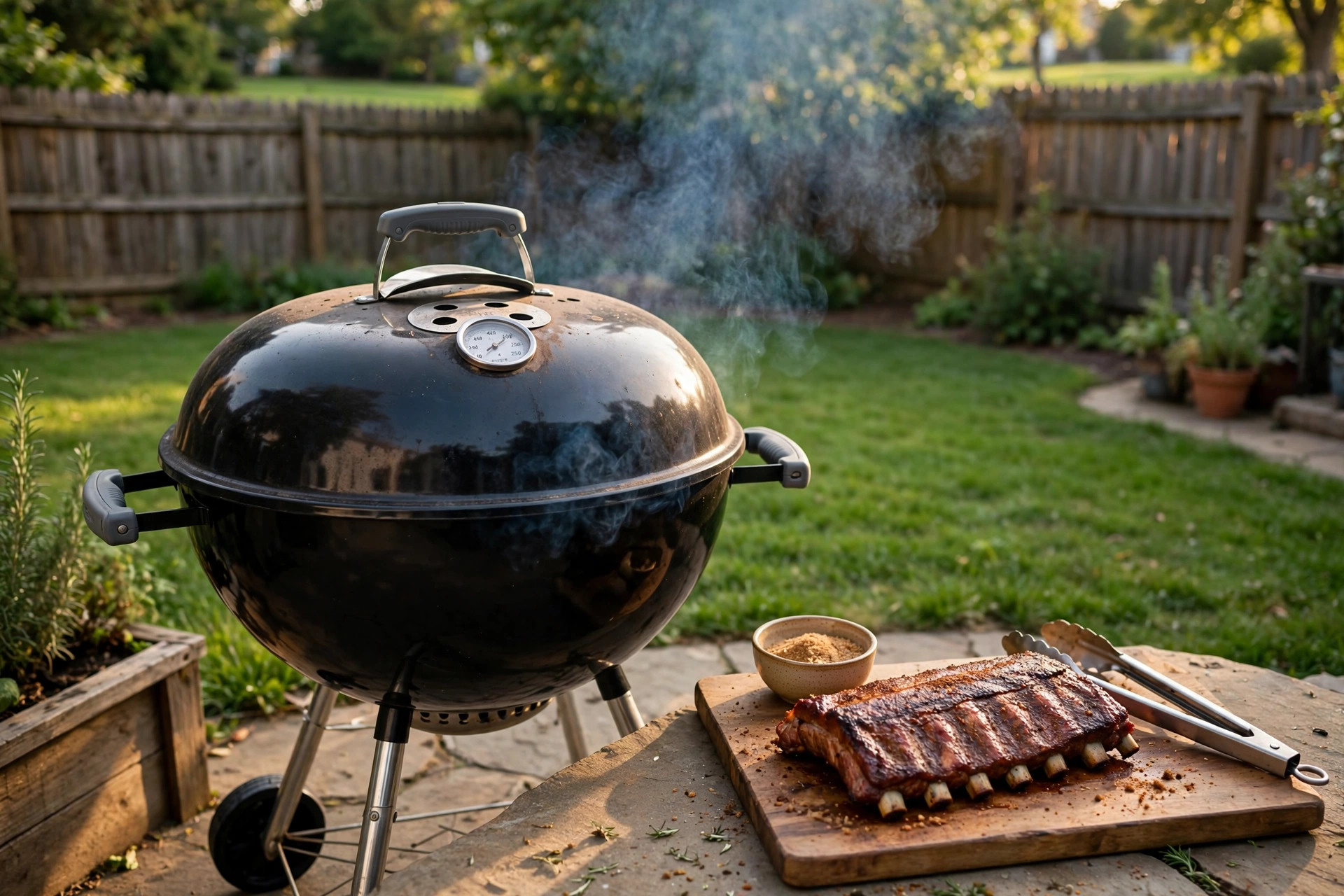 how to smoke ribs on charcoal grill: Smoking ribs on a charcoal grill in a backyard patio