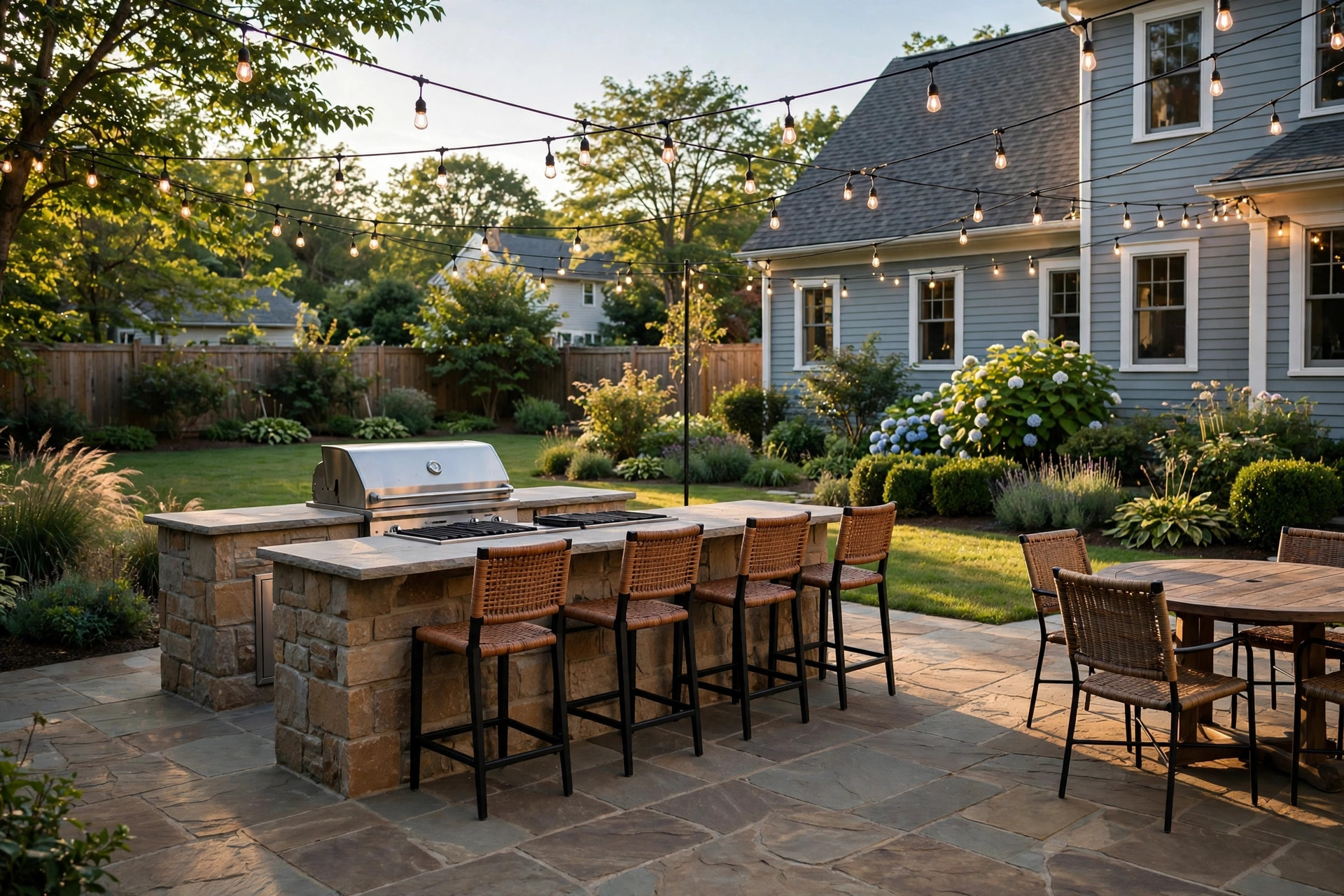 outdoor kitchen design ideas for backyard: An outdoor kitchen design for a backyard with a built-in grill, stone counter, and dining set on a patio