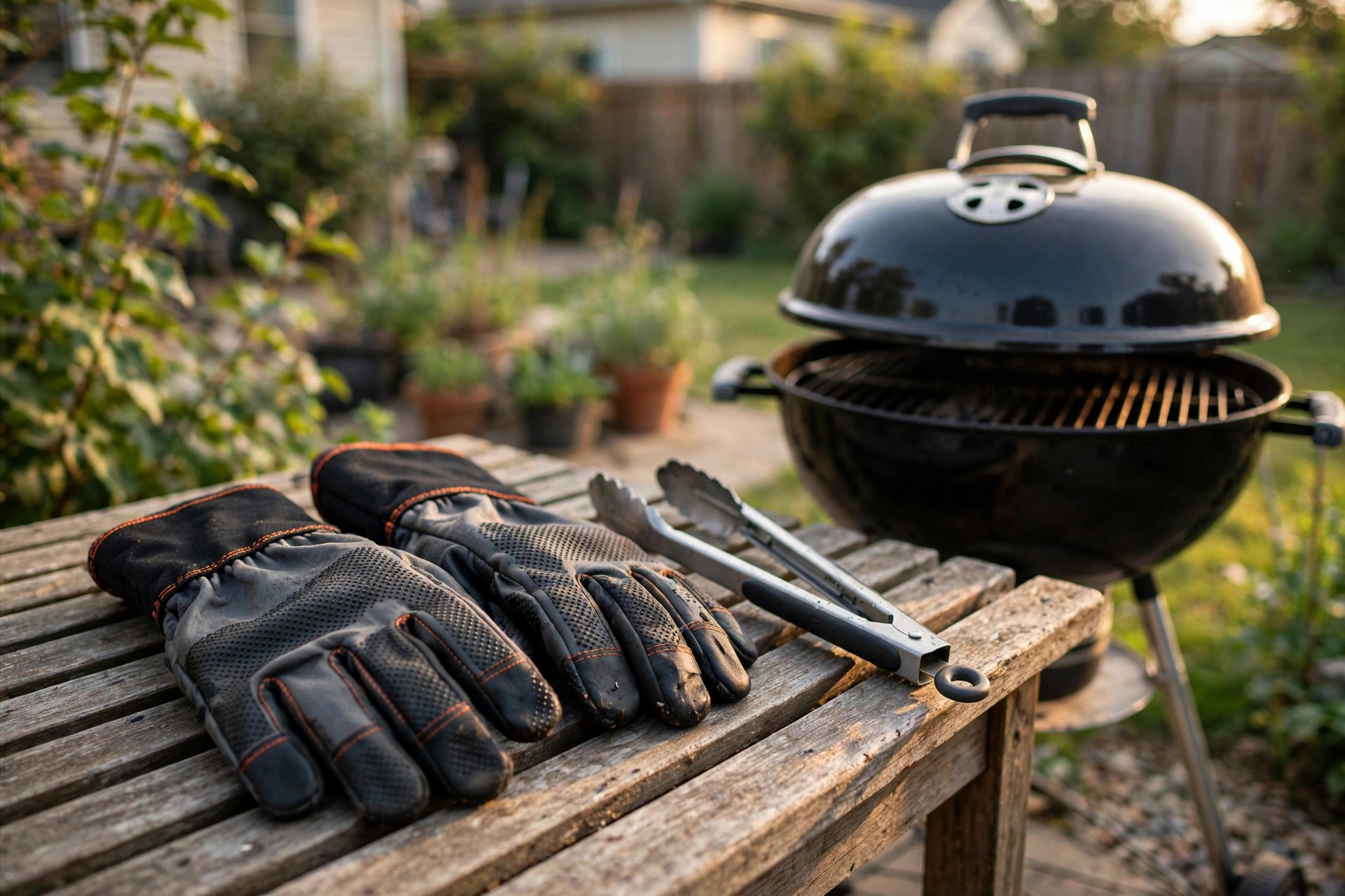 best grill gloves heat resistant reviews: Heat resistant grill gloves lying beside a kettle grill in a backyard