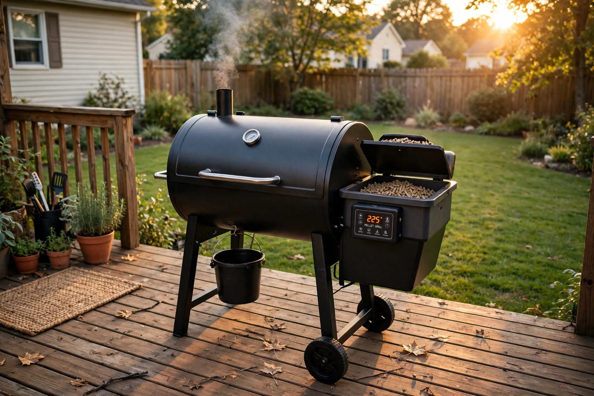 Pellet grill on a backyard patio during pellet grill temperature problems troubleshooting