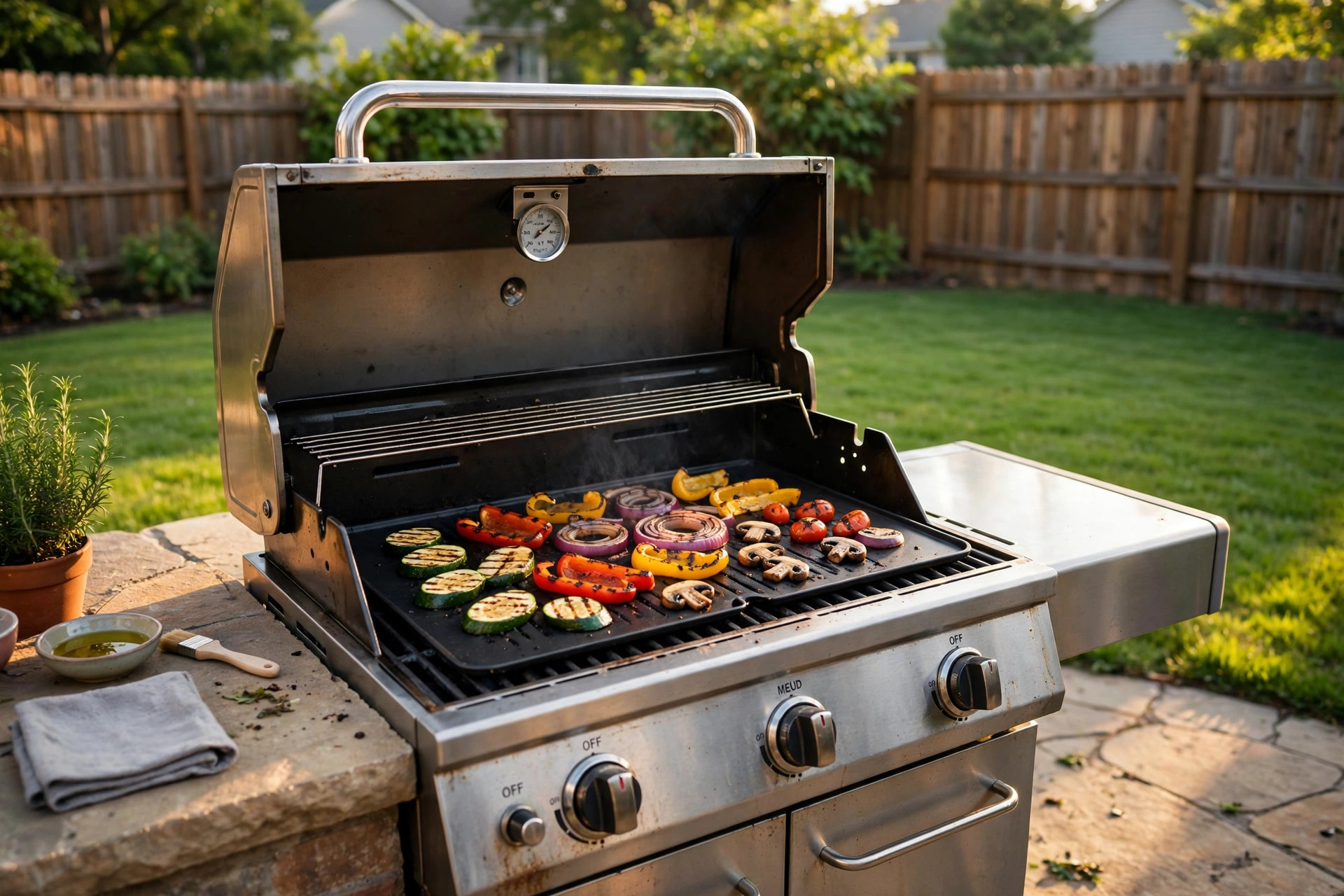 best grill mats for gas grills: Grill mats on the grates of a gas grill in a backyard patio