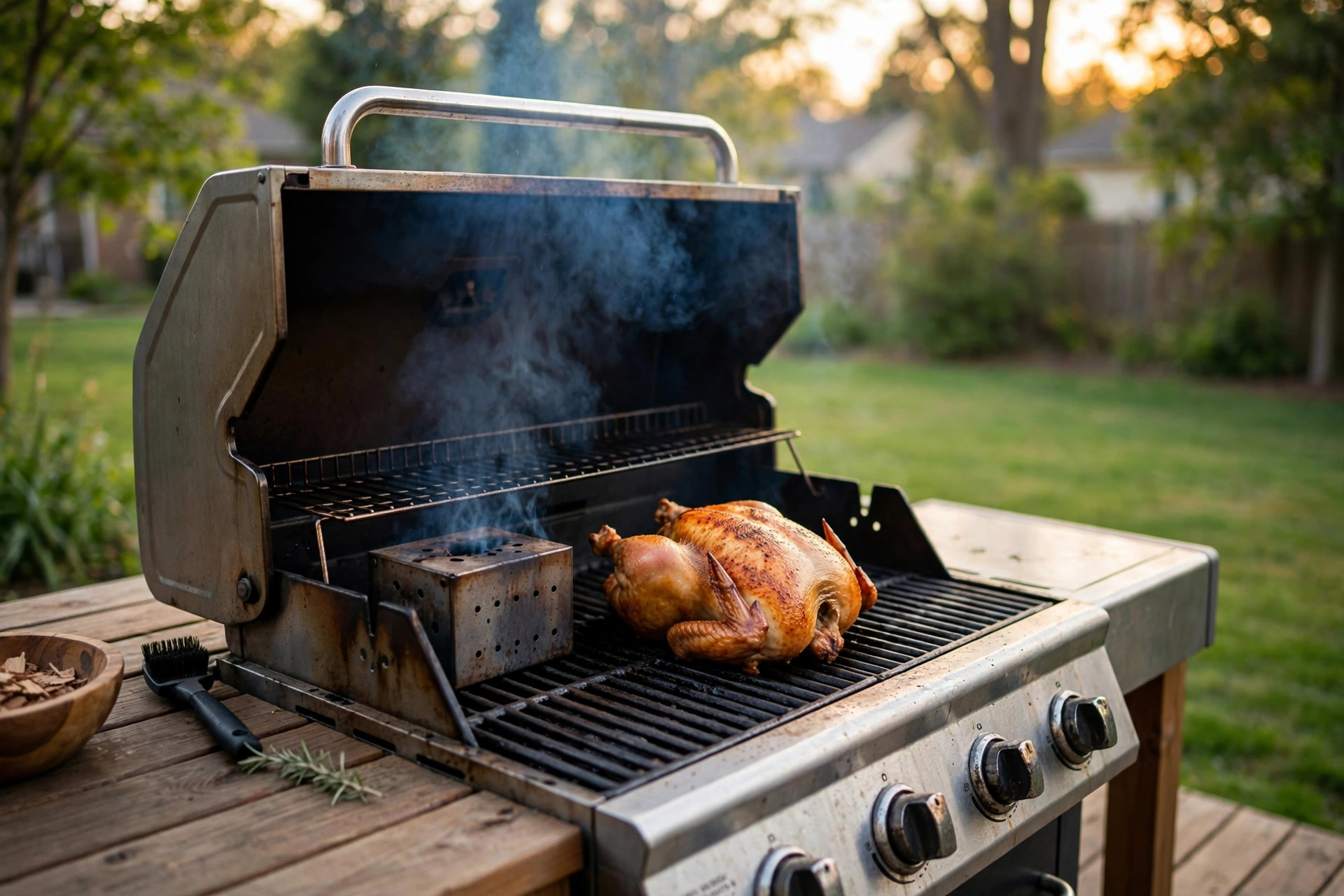 how to smoke chicken on gas grill: Smoked chicken with golden brown skin on a gas grill