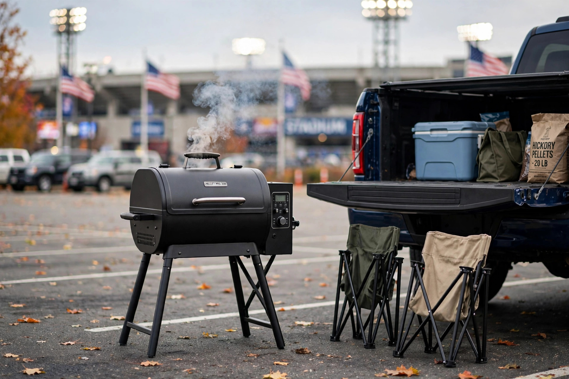 Best portable pellet grill for tailgating set up beside a pickup truck on game day