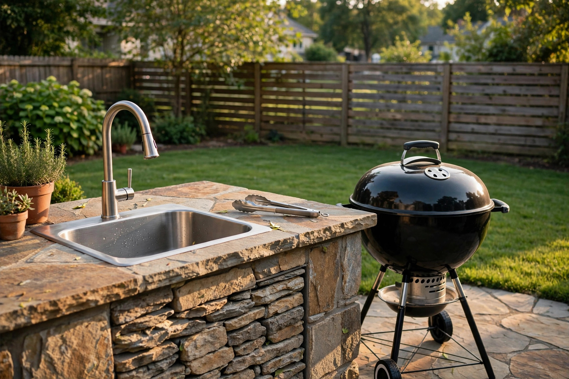 An outdoor bar sink for grill station built into a stone patio counter