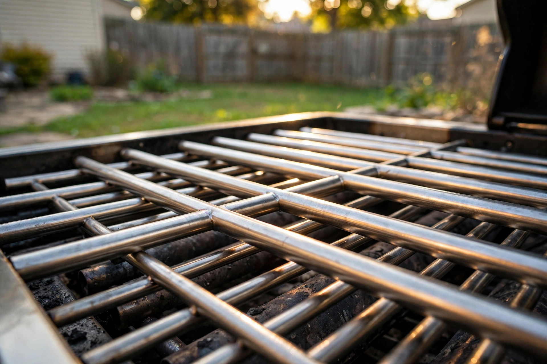 best grill replacement grates stainless: Close-up of stainless steel replacement grill grates over glowing coals