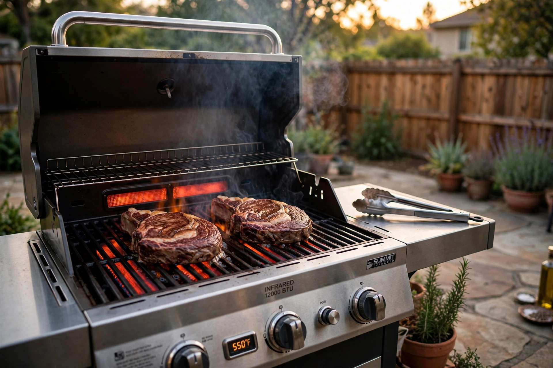 best infrared grill for steaks reviews: Infrared grill searing steaks in a backyard
